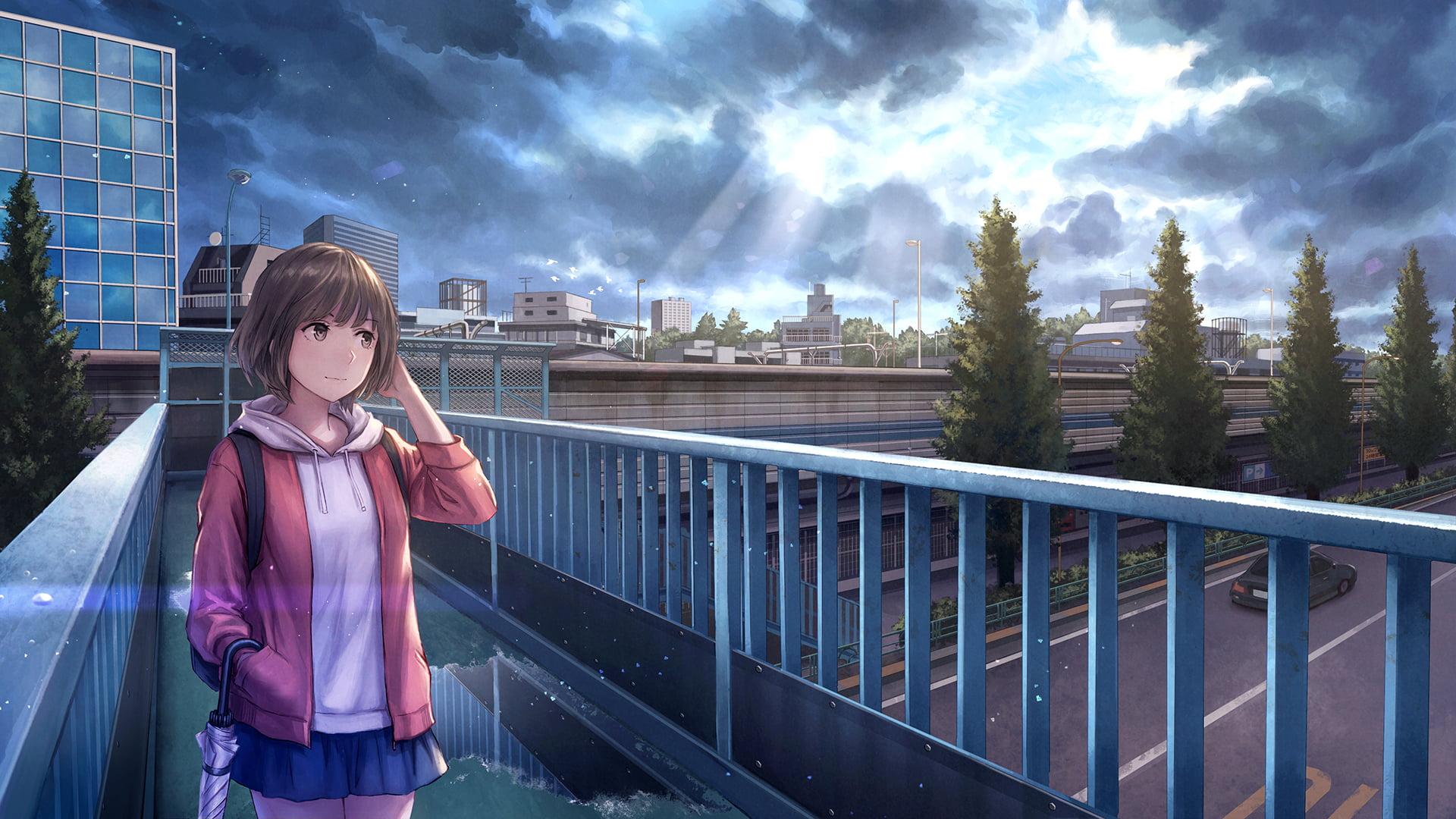 Girl in pink jacket and blue miniskirt on top of bridge anime