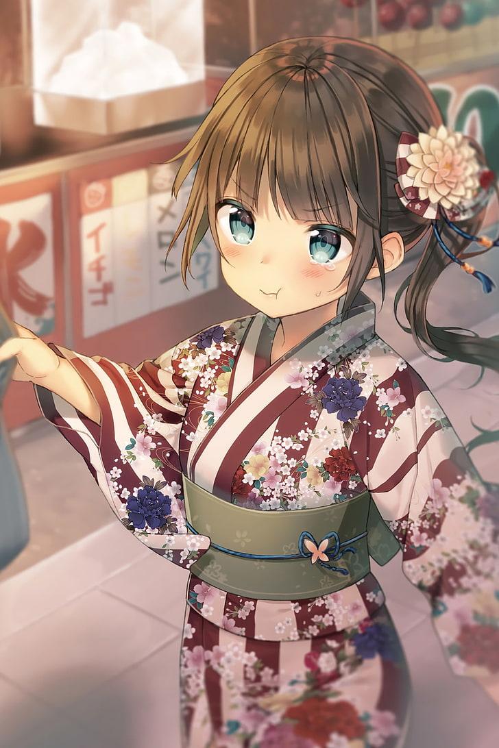 HD wallpaper: phone, anime girls, loli, kimono, blue eyes