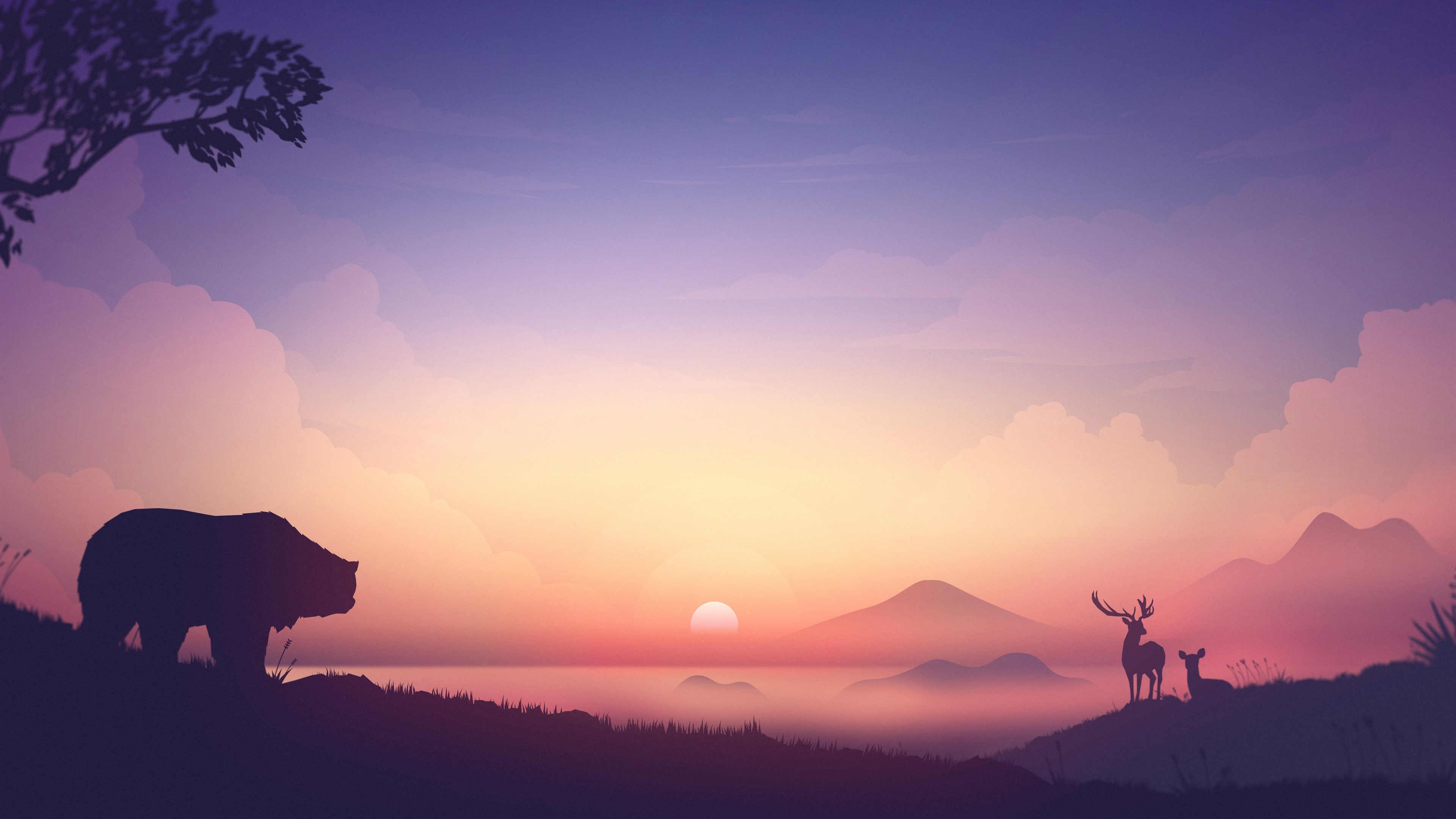 Wallpaper Bear and deers, mountains, sunset, art picture
