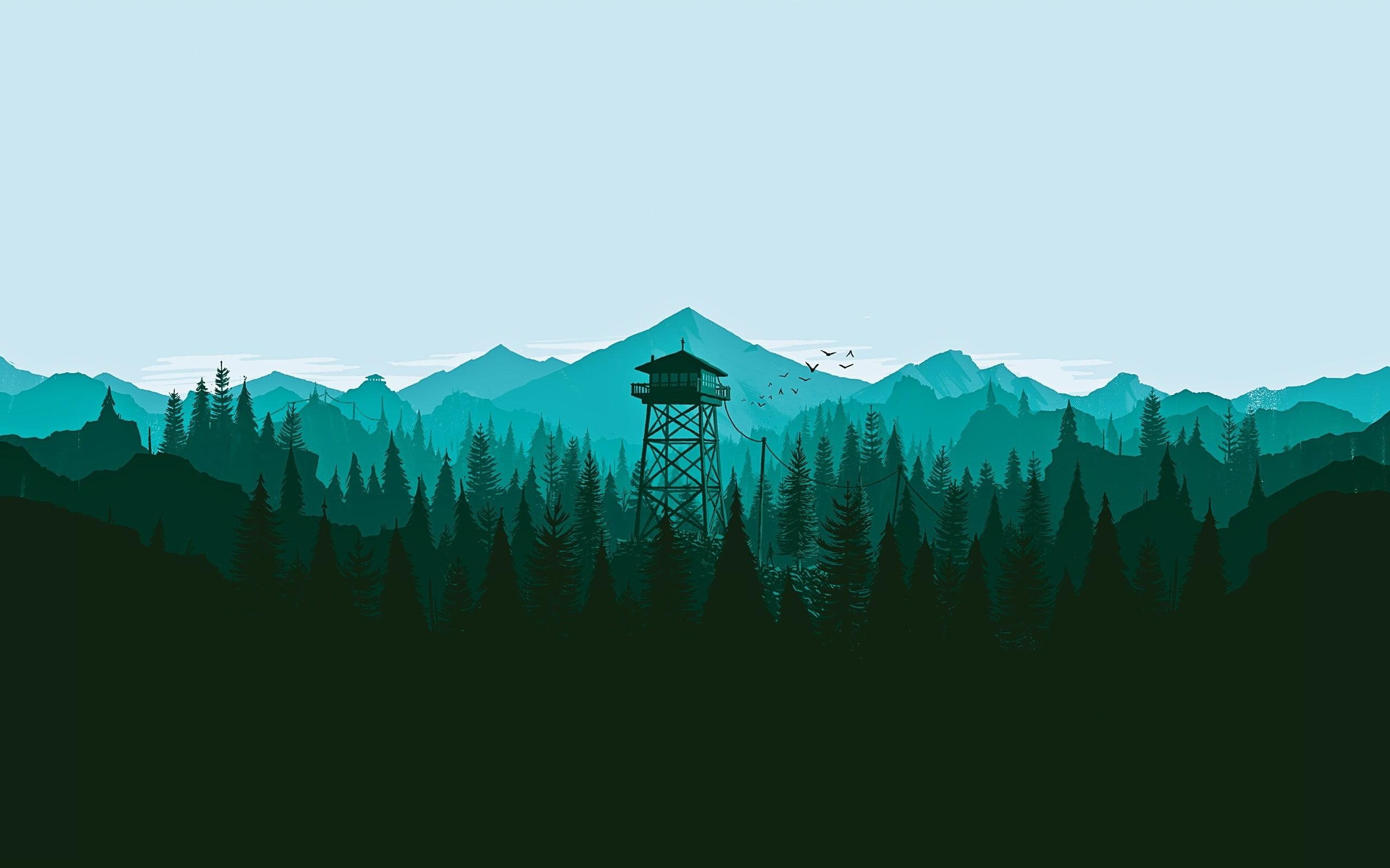 Silhouette painting of watchtower, trees, Firewatch HD