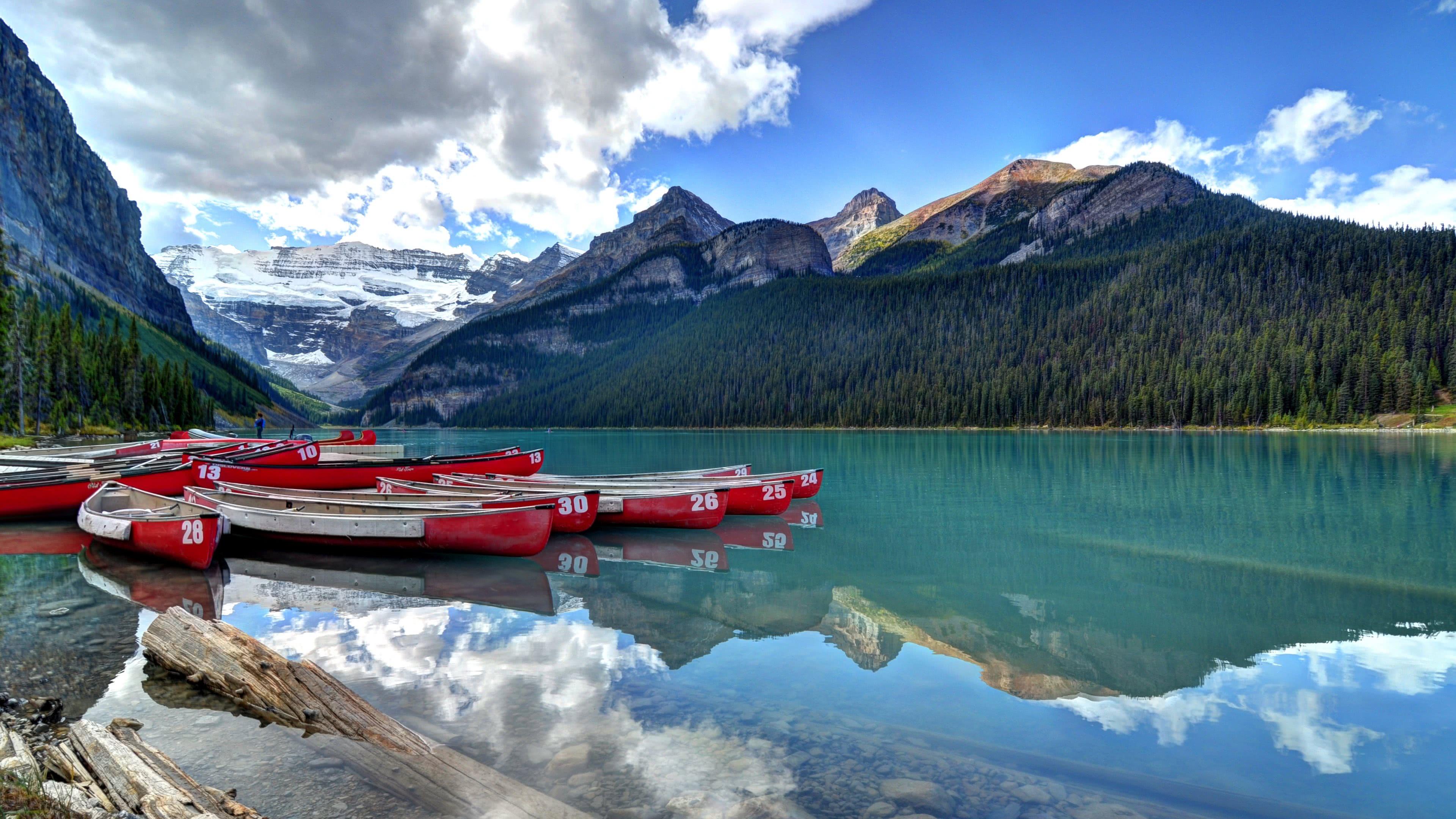 Canoes On Lake Louise, Banff, Canada UHD 4K Wallpaper