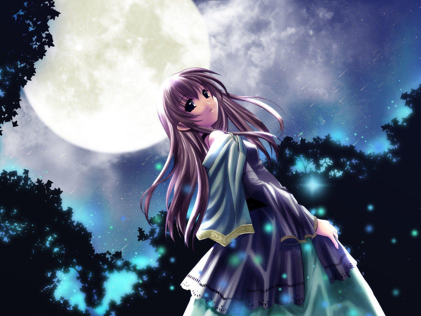 Anime Unknown Night Moon Girl Blue Sky Wallpaper. Cute