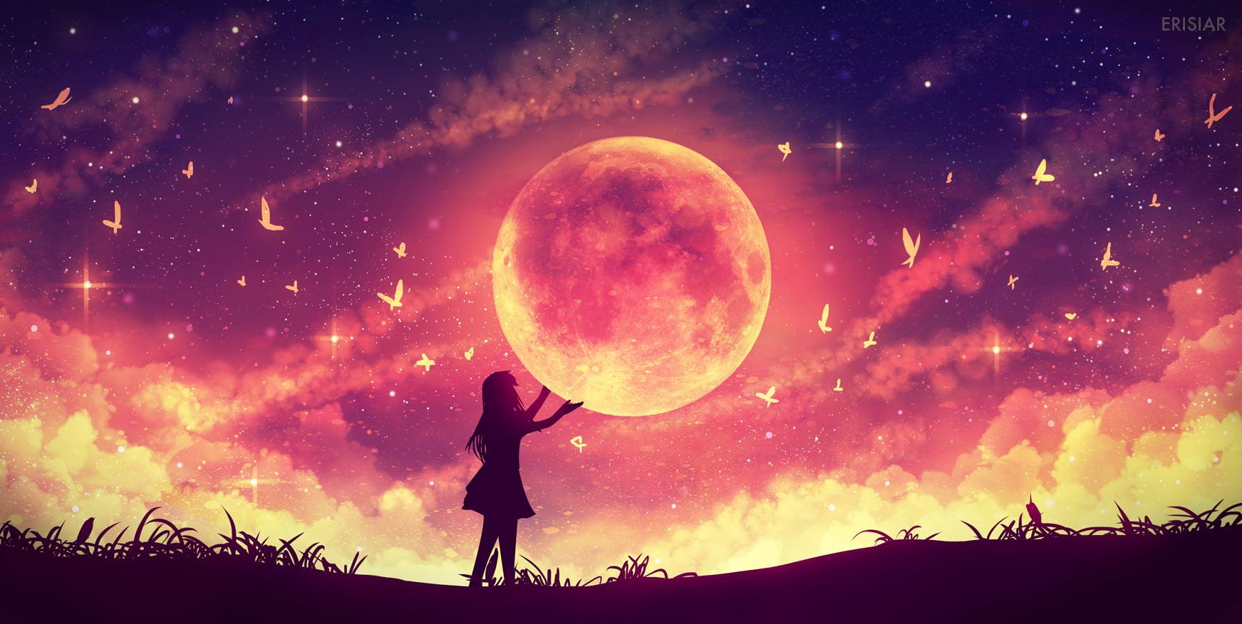 moon, Anime, Scan, Cat, Beautiful, Sky, Stars, Clouds |