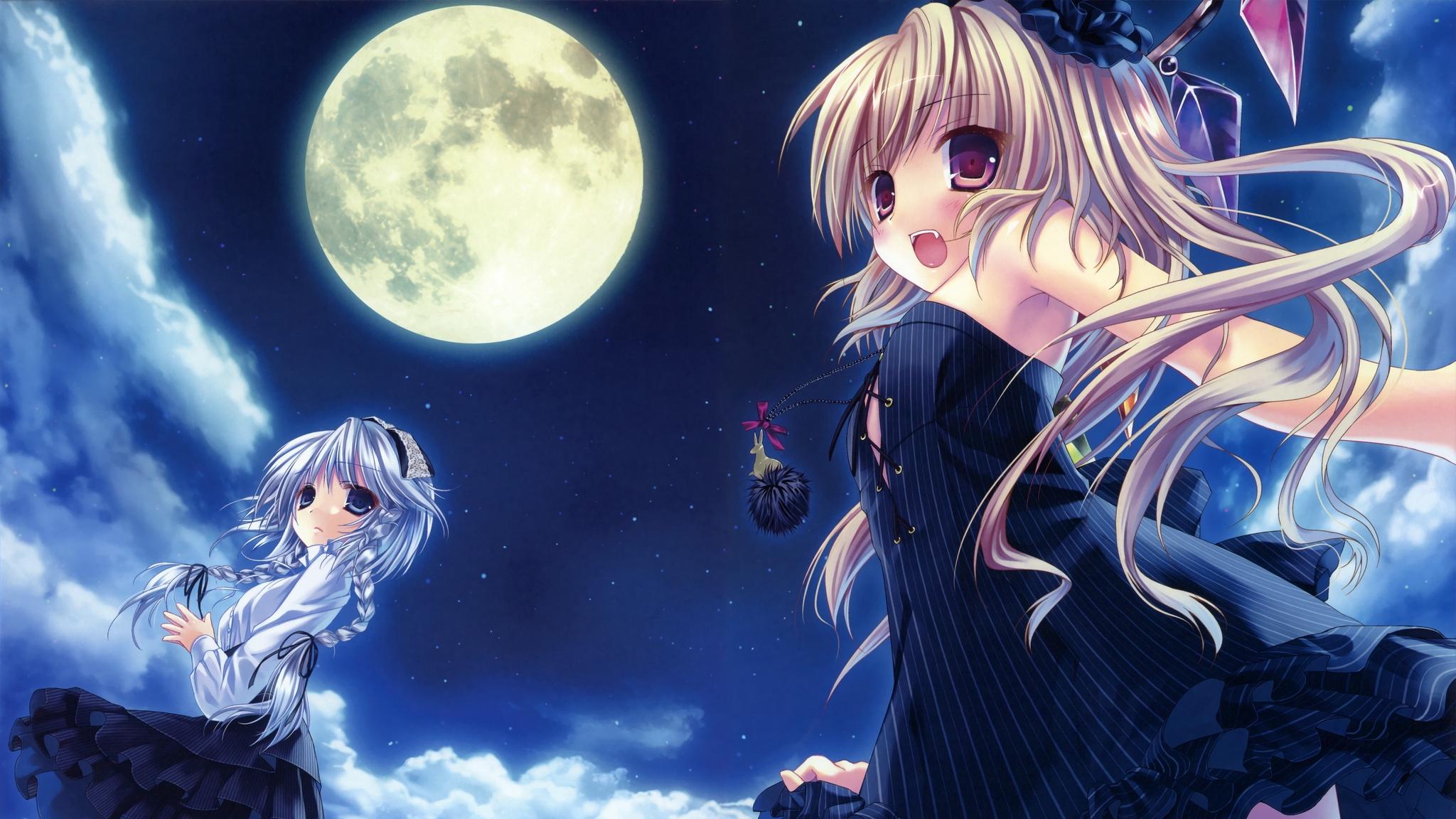 Wallpaper Anime, Girl, Vampire, Night, Moon Girl