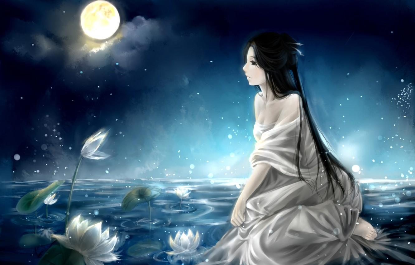 Wallpaper the sky, girl, clouds, night, lake, the moon, anime, art, water lilies, clouble image for desktop, section живопись