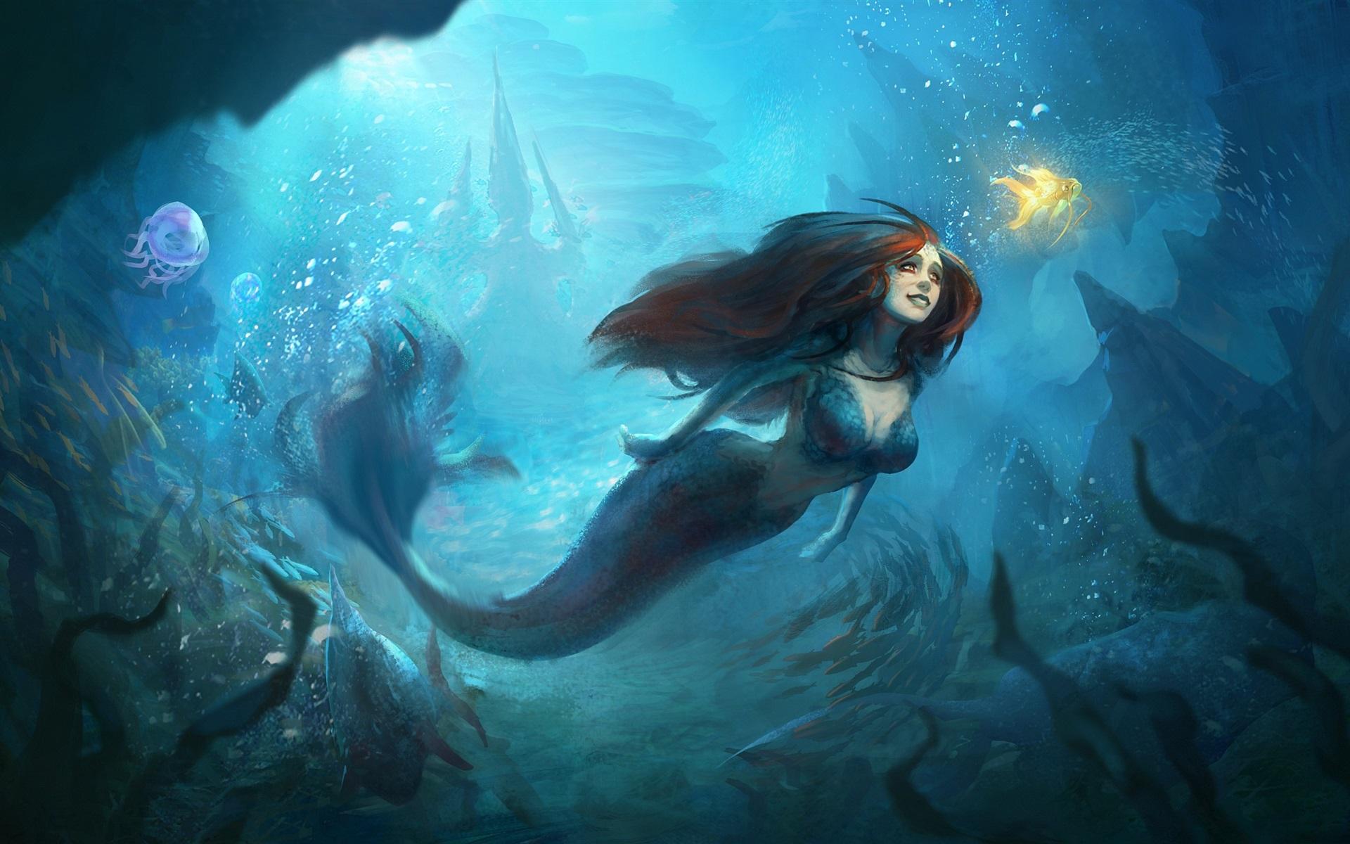 Wallpaper Beautiful mermaid, underwater, goldfish, art painting
