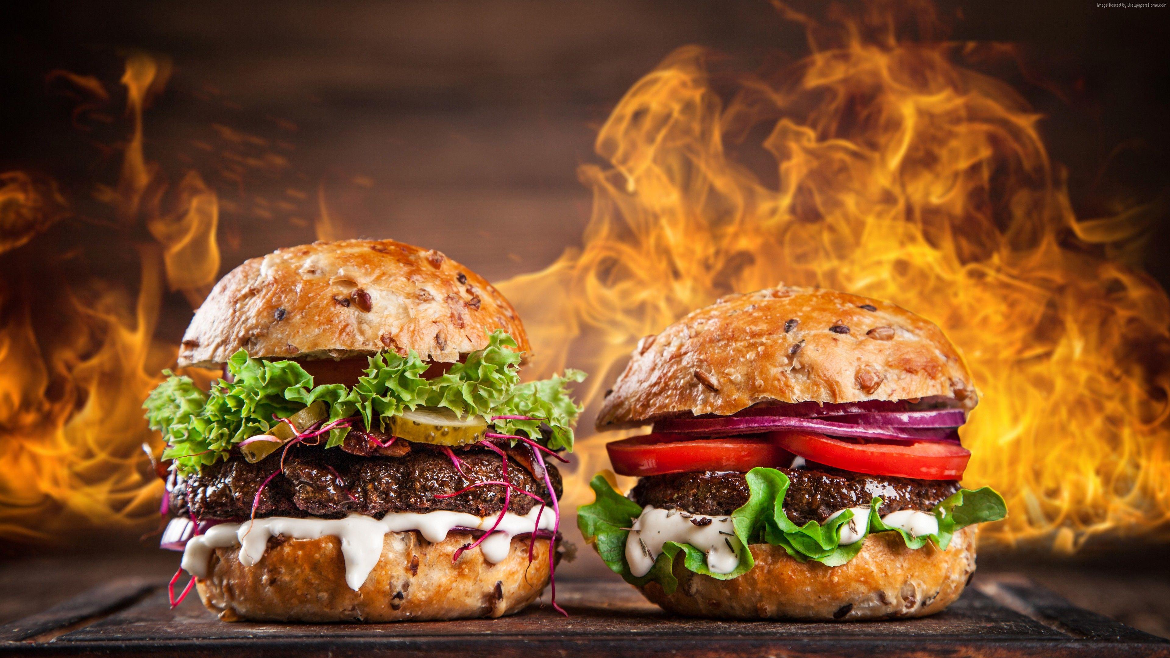 Wallpaper burger, steak, fire, 5k, Food