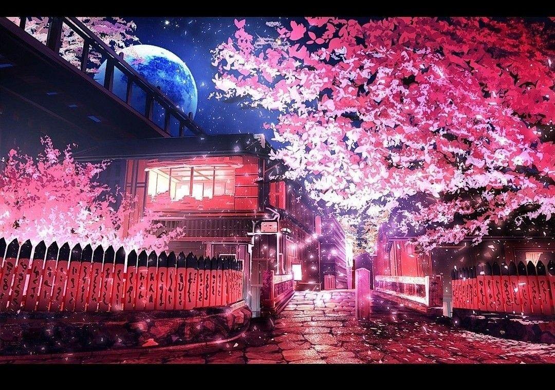 background tree night. Pink wallpaper anime, Anime