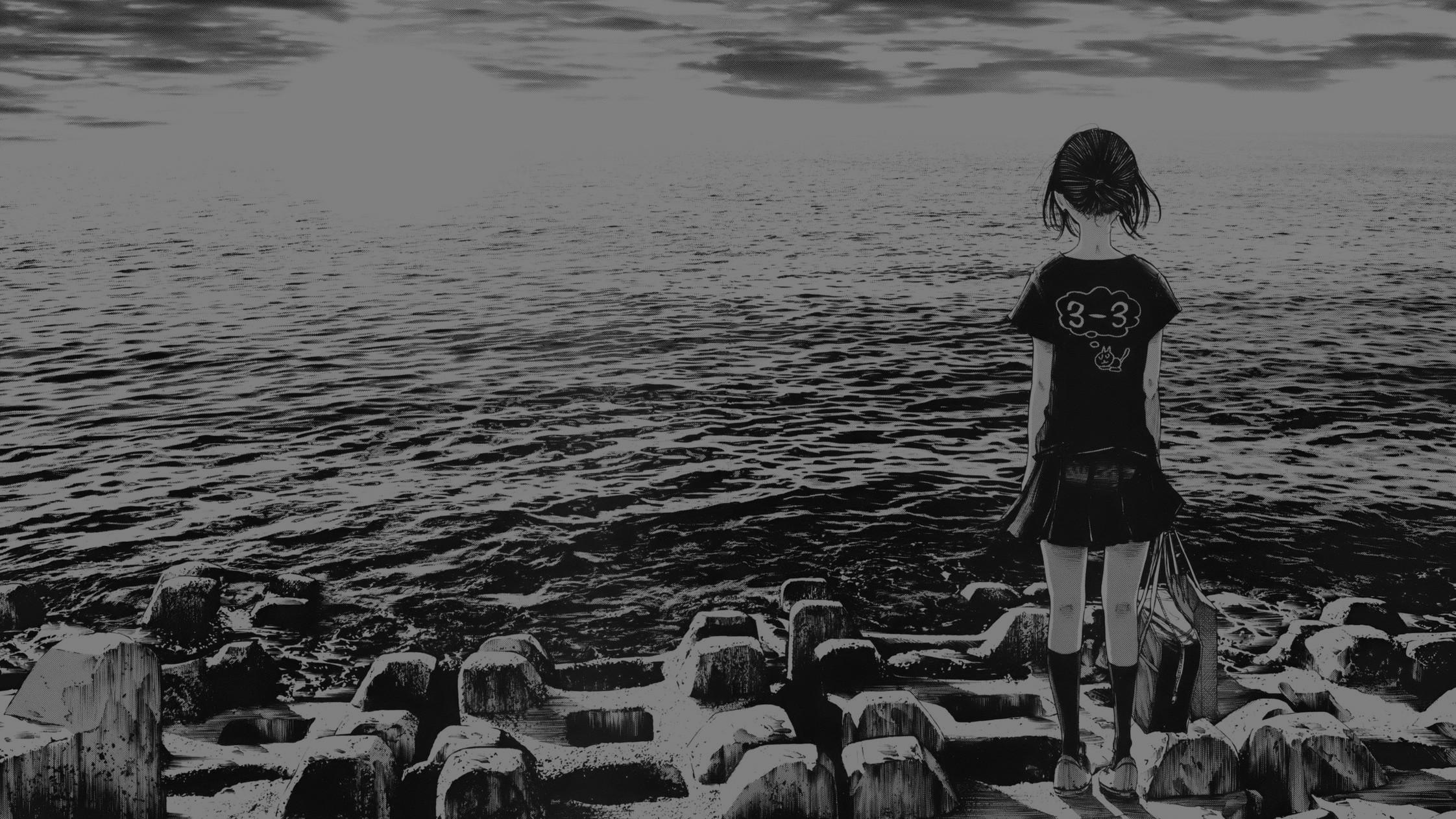 A Girl On The Shore Black And White Sad, HD