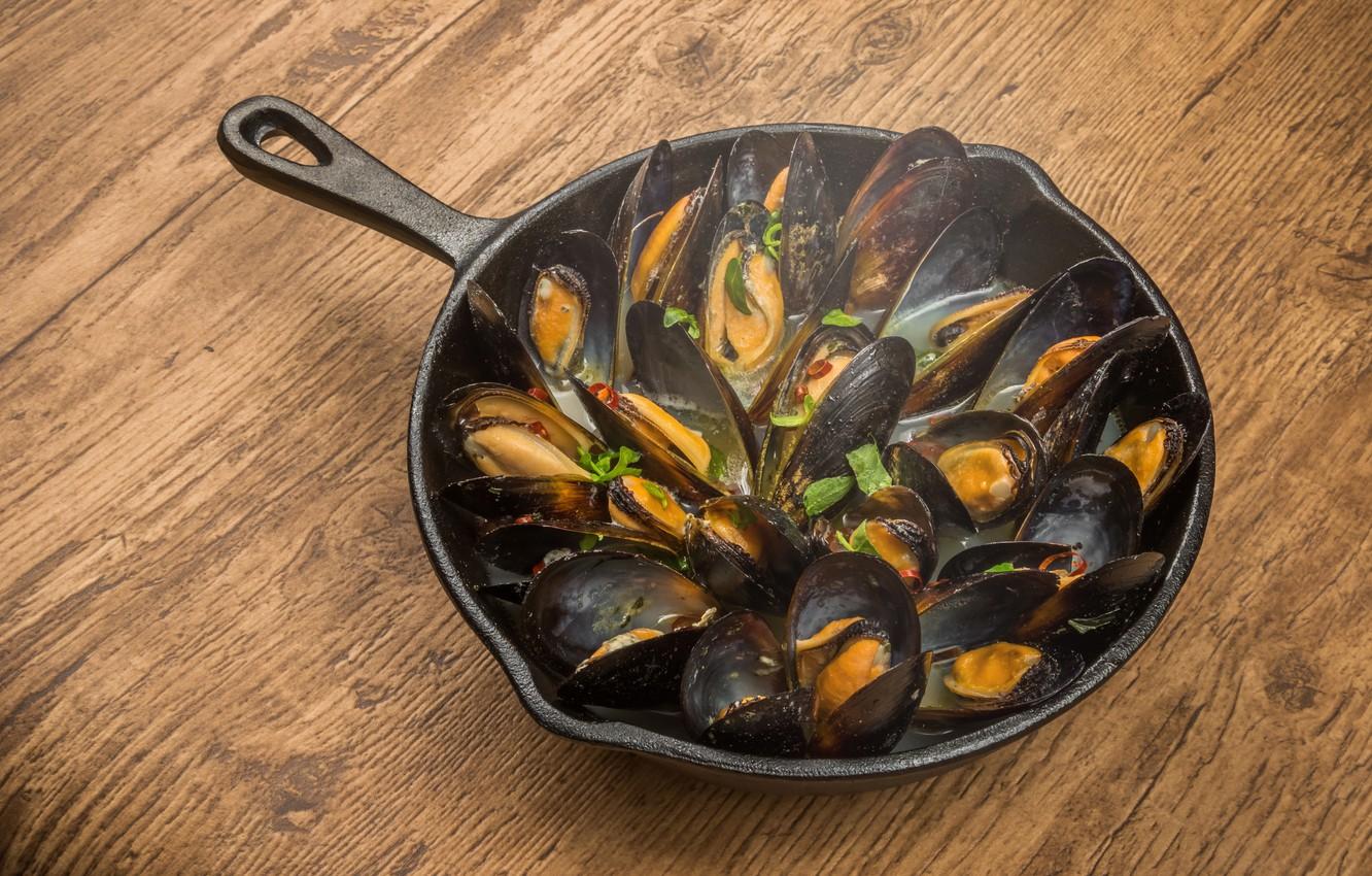Wallpaper table, seafood, pan, mussels image for desktop