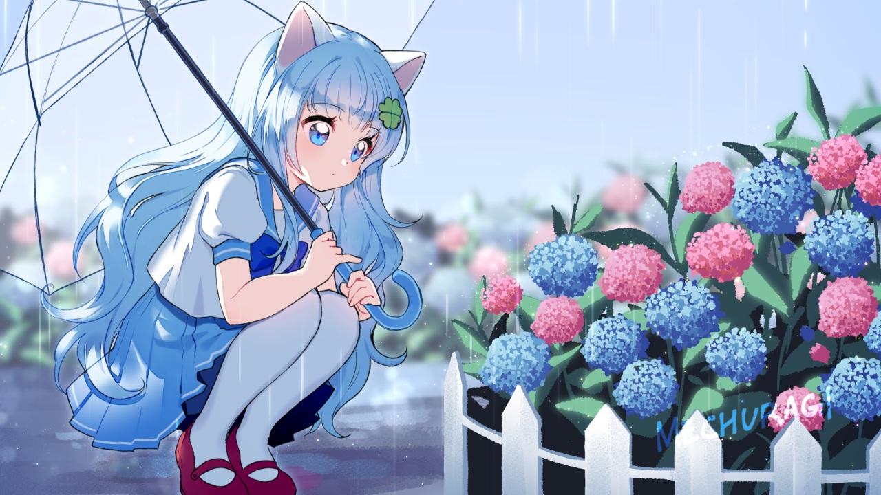 blue eyes blue hair catgirl flowers mechuragi original