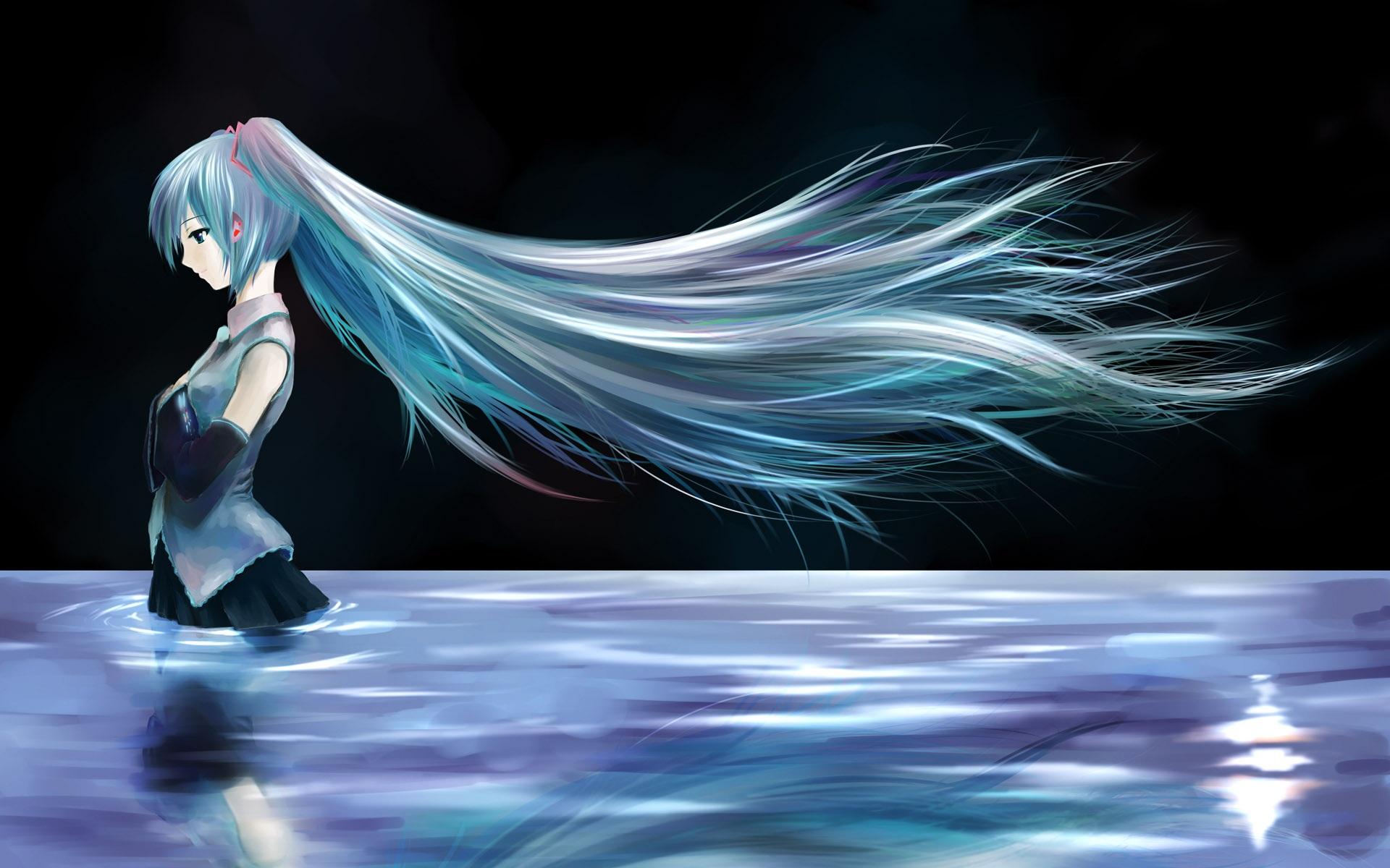 Wallpaper Blue hair anime girl standing in water 1920x1200 HD