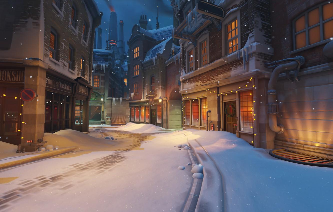 Wallpaper snow, the city, street, the game, home, Christmas, Blizzard, Christmas, garland, shooter, Overwatch, Kings Row image for desktop, section игры