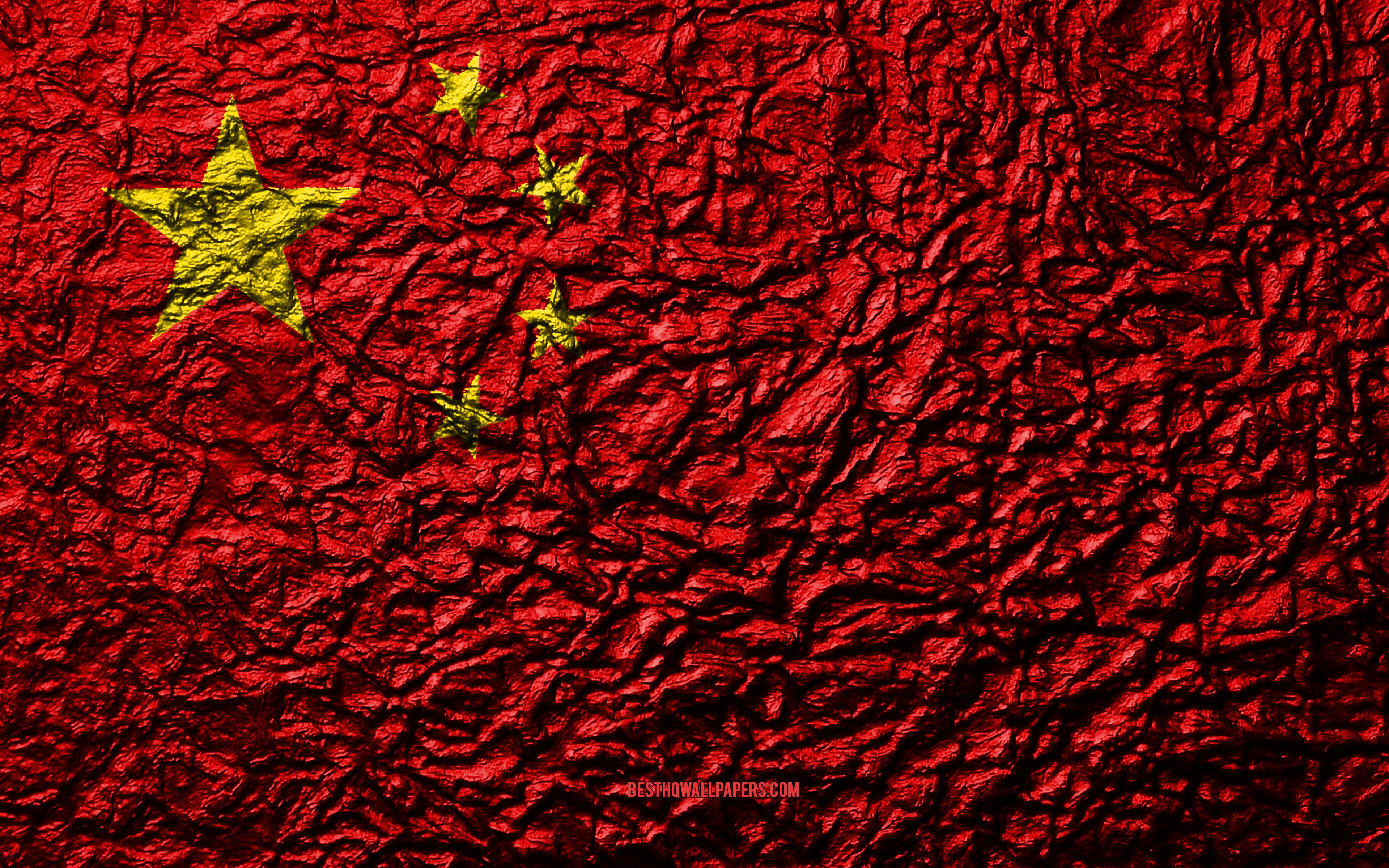 Download wallpaper Flag of China, 4k, stone texture, waves