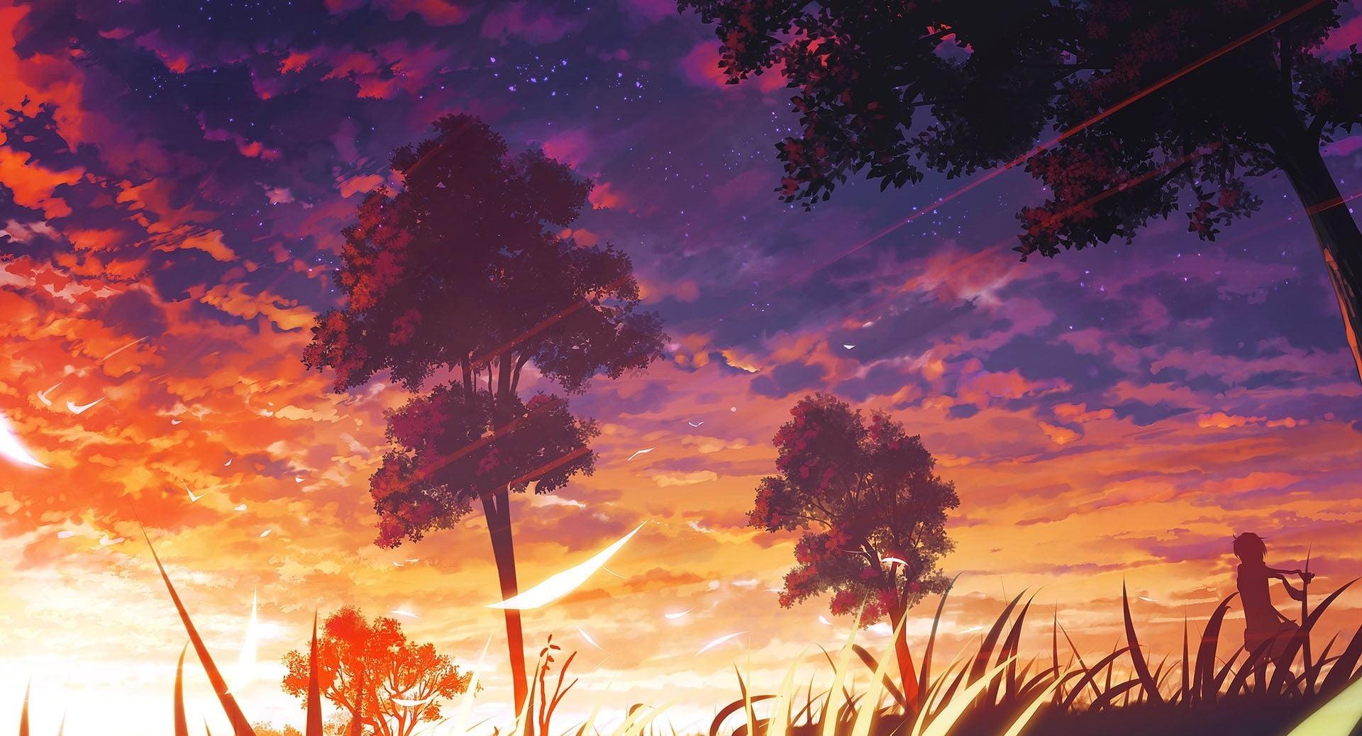 Red and white abstract painting, anime, landscape, sunset, artwork