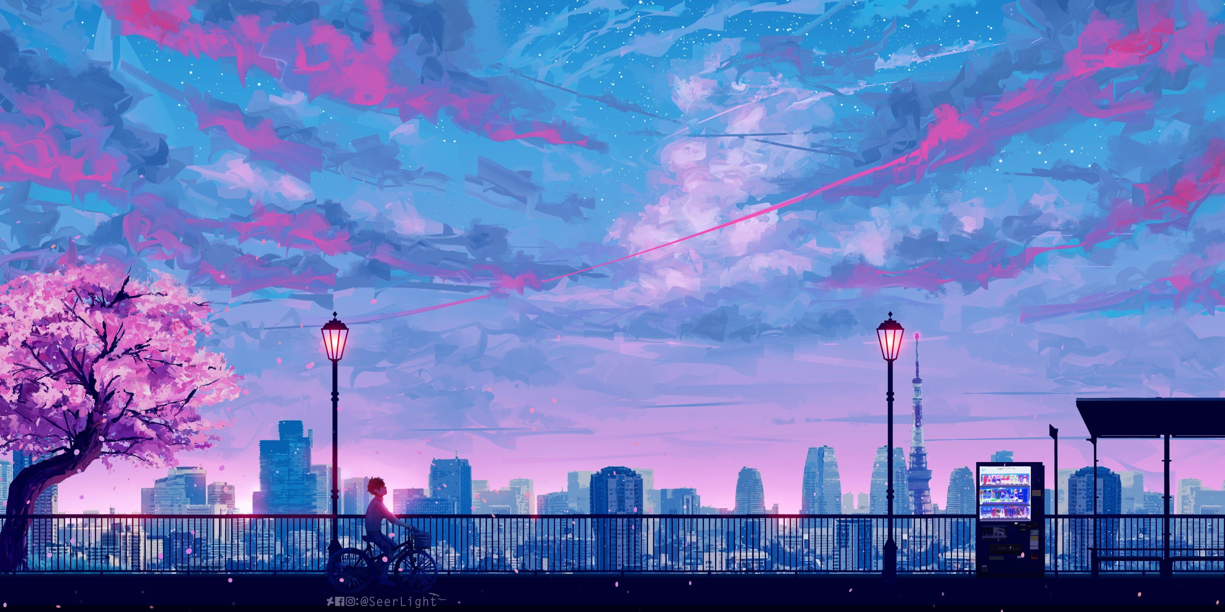 silhouette of steel ridge wallpaper, blue and pink sky painting #illustration #city #anime #p. Cityscape wallpaper, Scenery wallpaper, Aesthetic desktop wallpaper