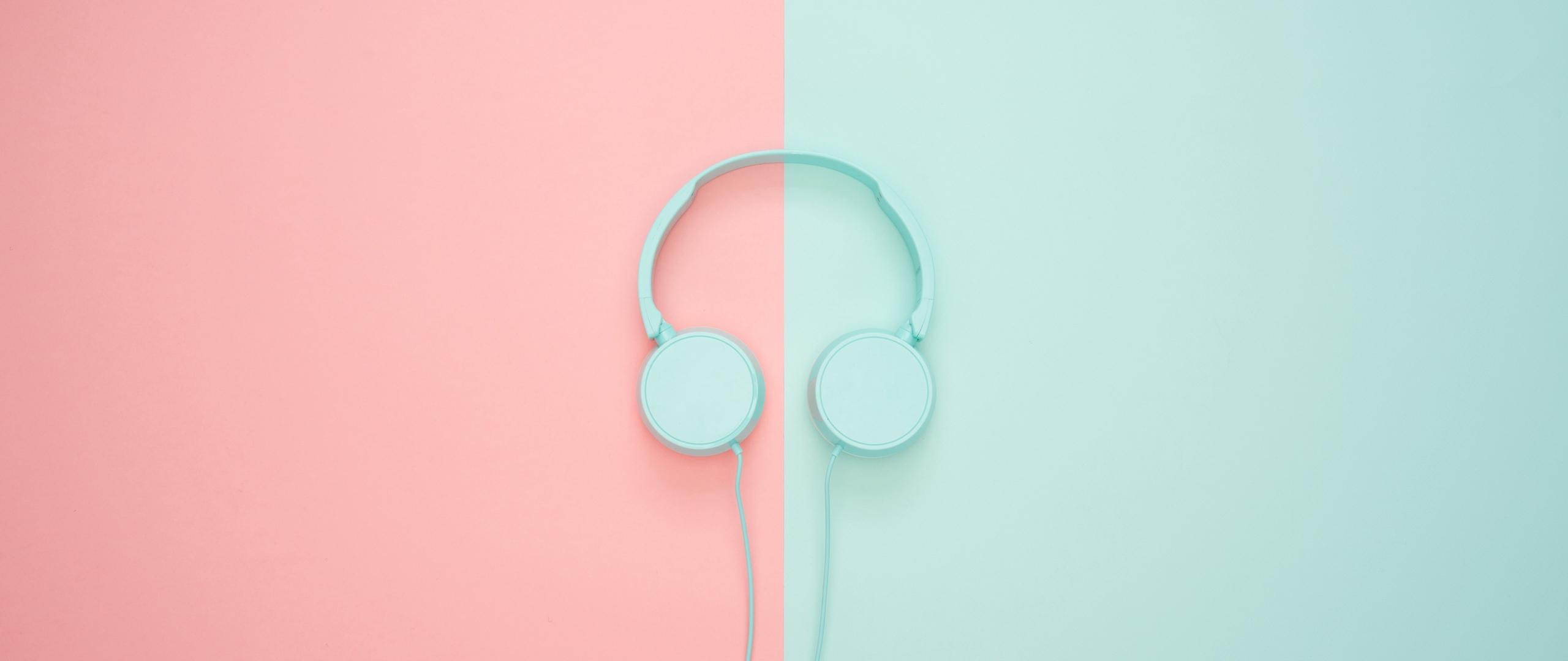 Download wallpaper 2560x1080 headphones, minimalism, pastel