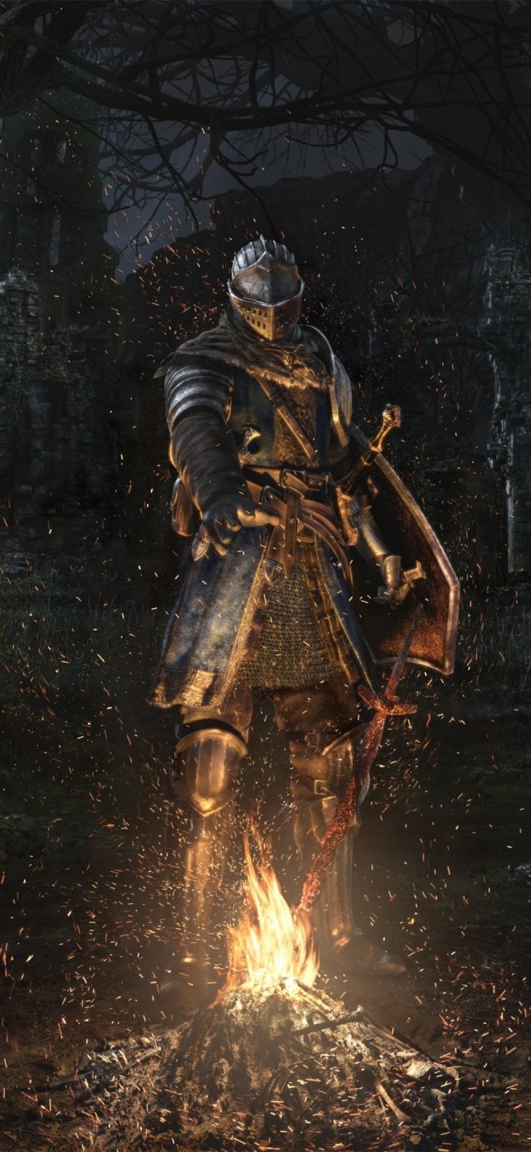 Download 1080x2340 Dark Souls, Bonfire, Flame, Armor, Knight