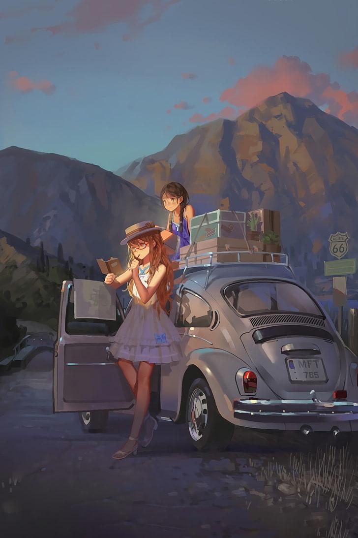 HD wallpaper: phone, anime girls, white dress, car, redhead