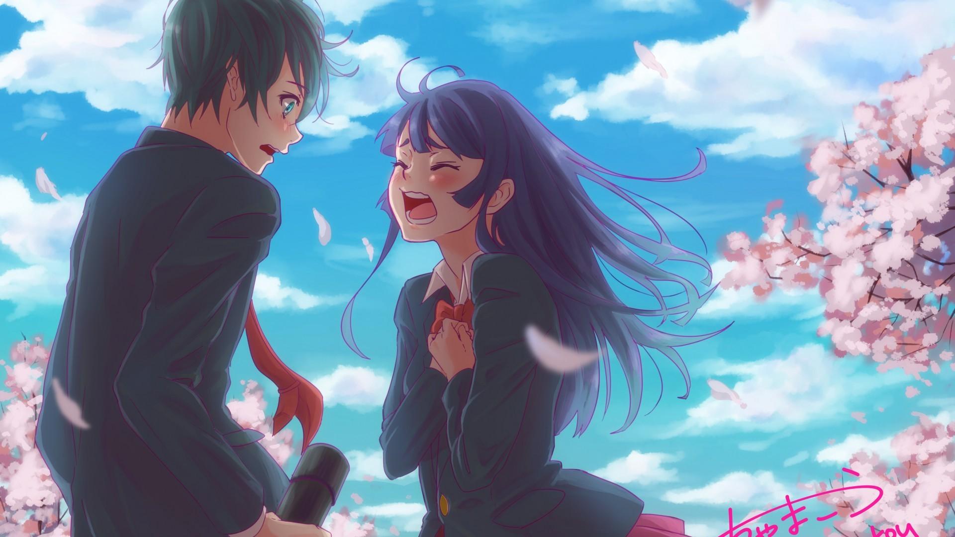 Download 1920x1080 Anime Couple, Sakura Blossom, Clouds