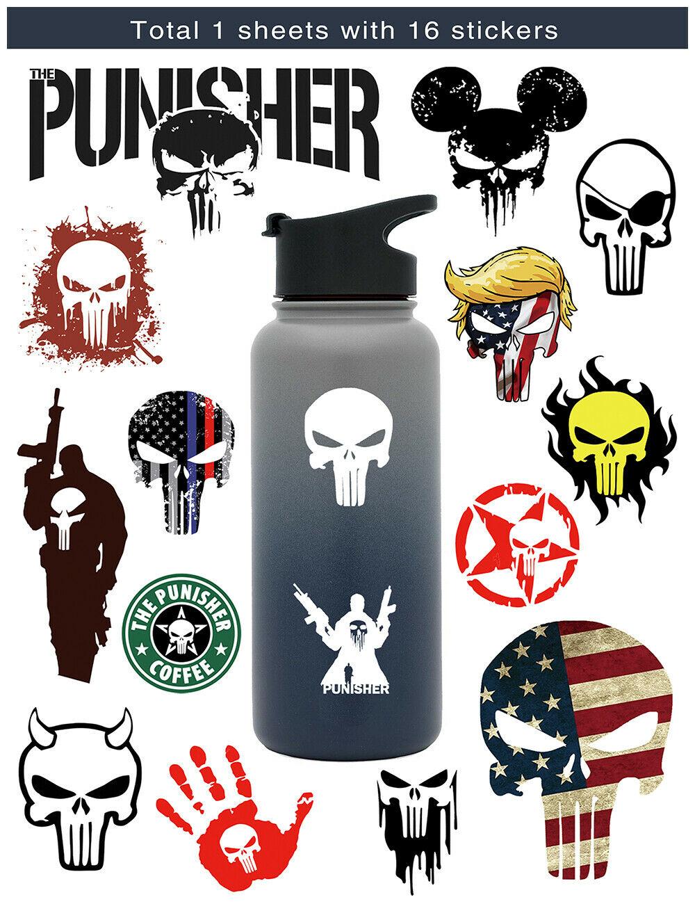 16pcs Cool Skull Punisher Vinyl Stickers for Water Bottles