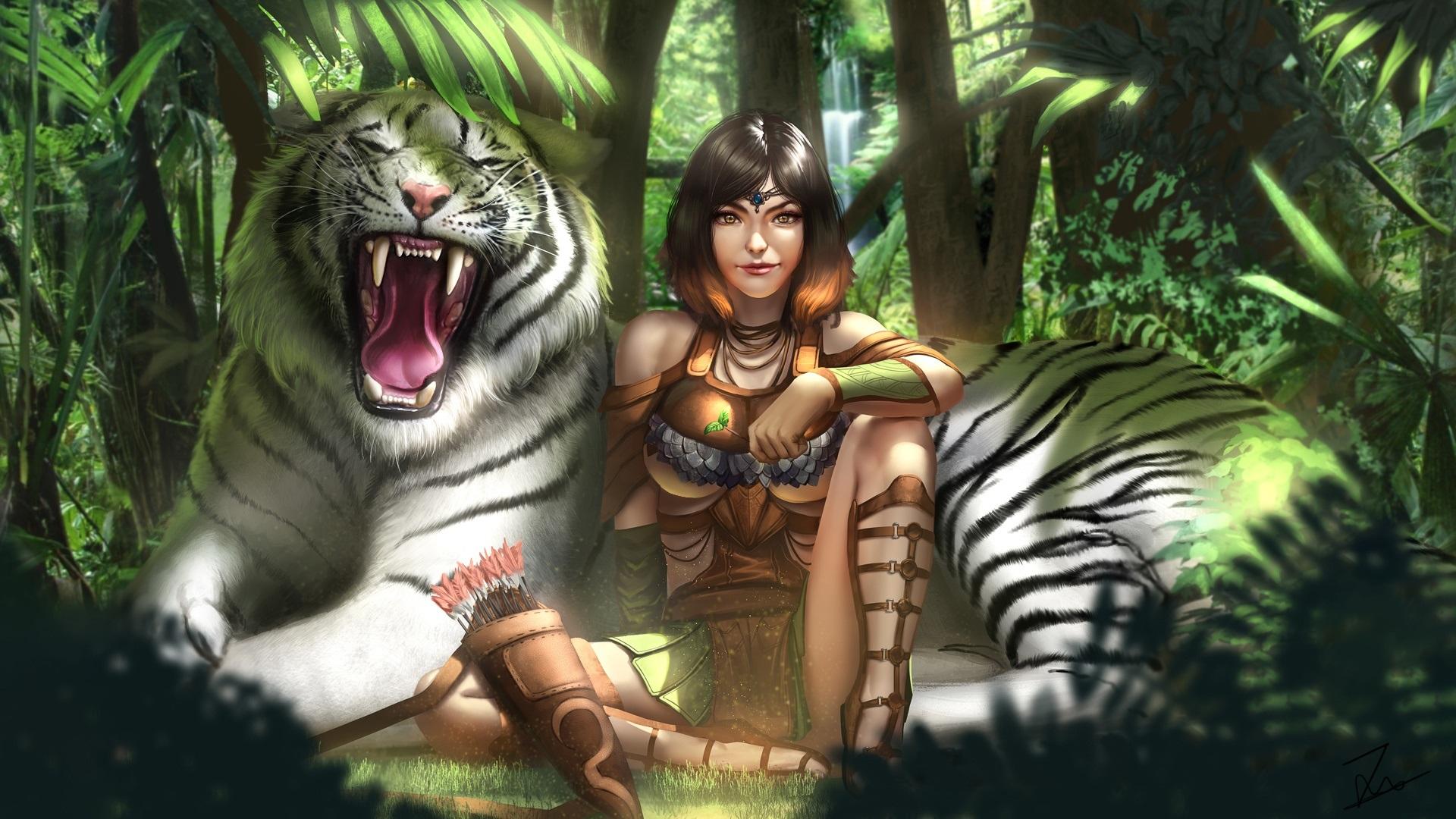 Wallpaper White tiger and girl, art drawing 1920x1080 Full
