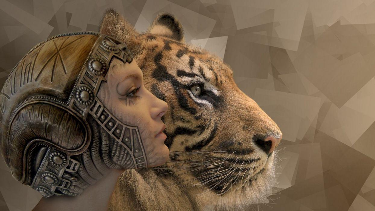 Fantasy girl animal tiger wallpaperx1080
