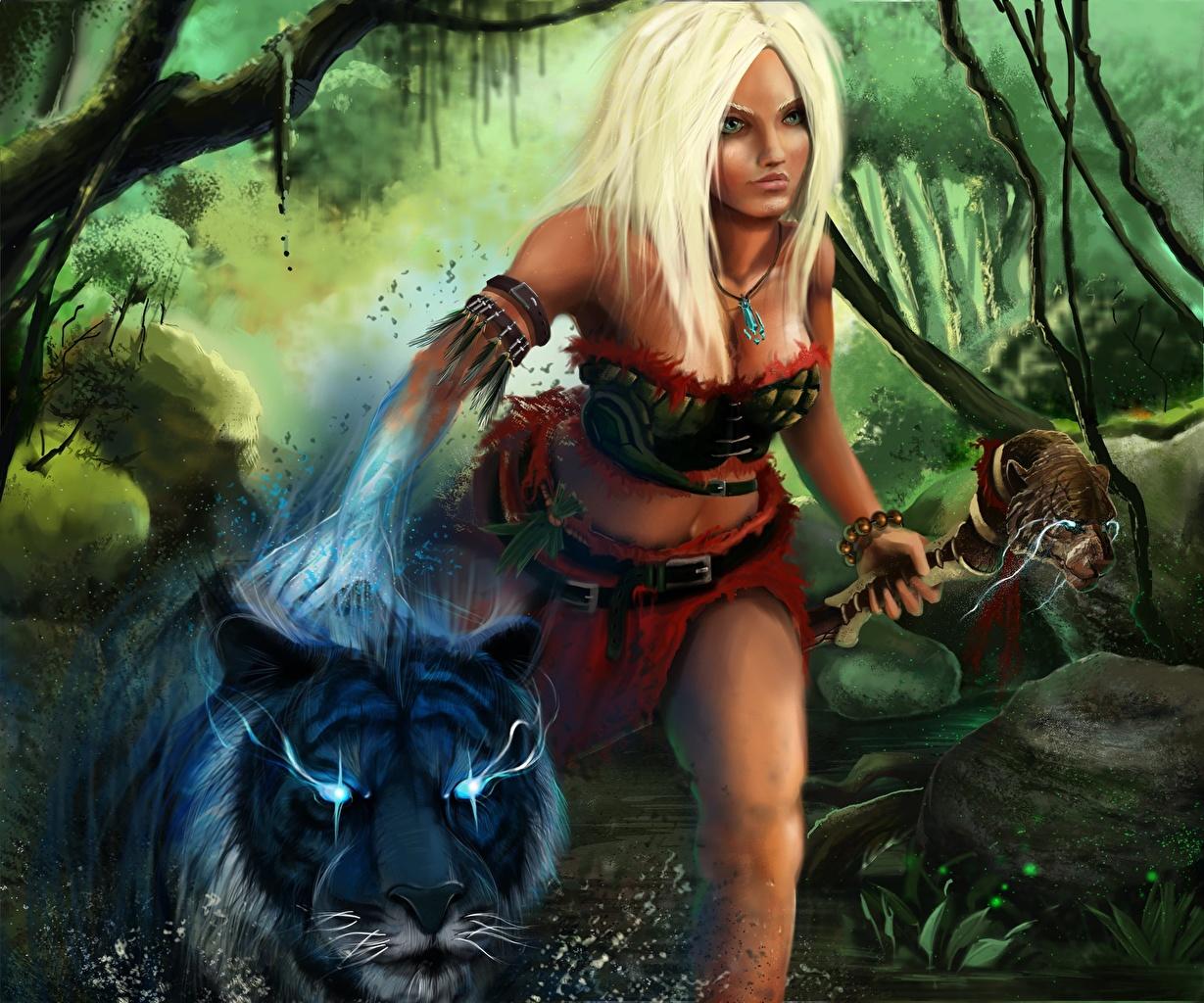image Tigers sorcery Mage Staff Blonde girl Girls Fantasy