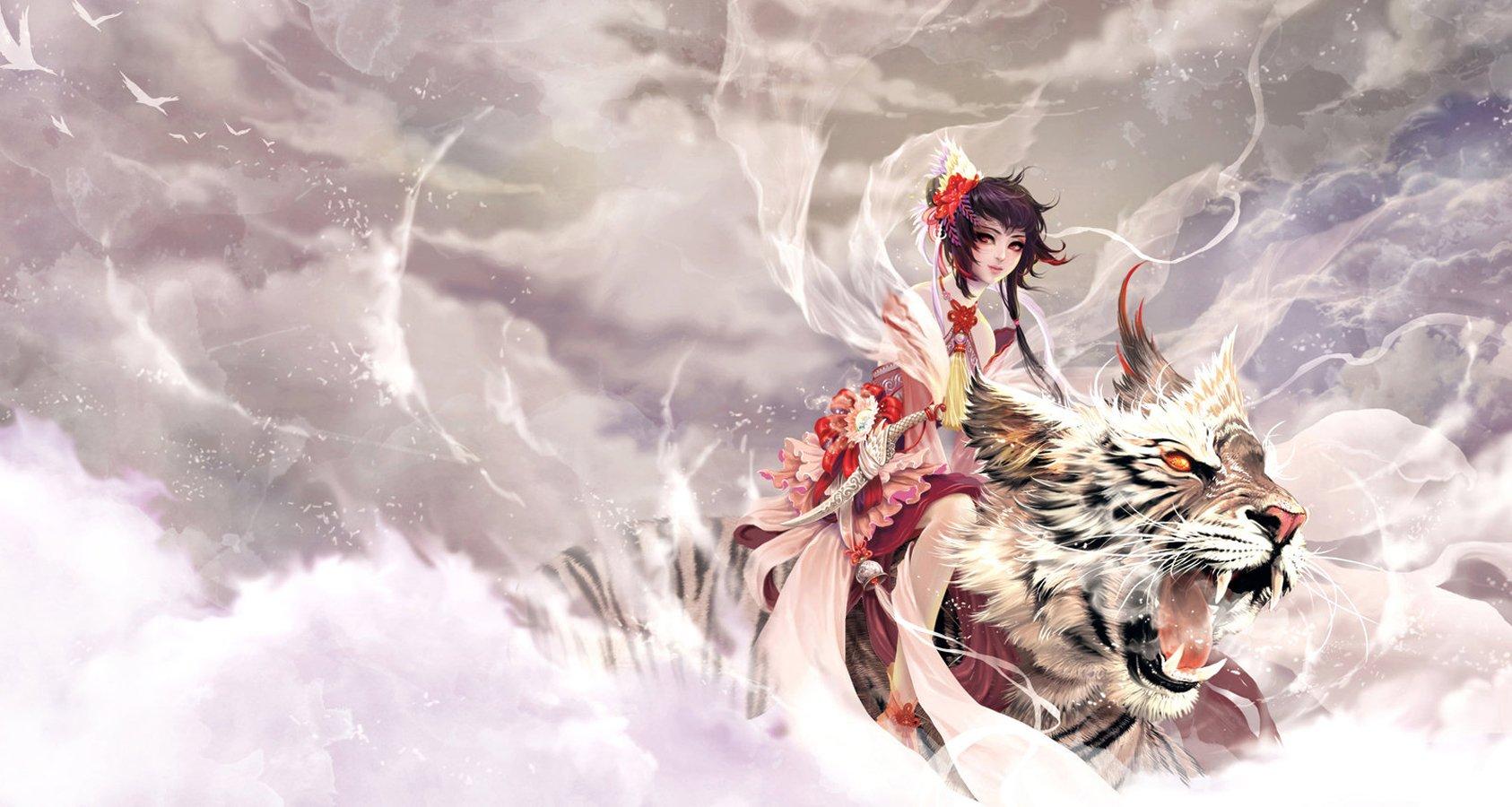 Original anime girl tiger animal cloud sky beautiful red