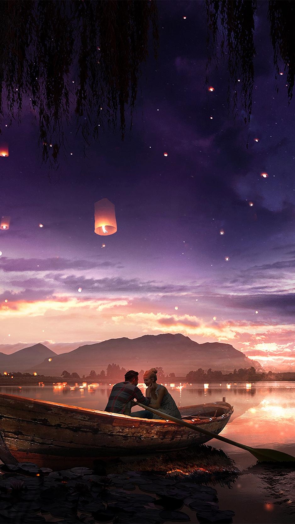 Download wallpapers 938x1668 boat, couple, stars, night, romance