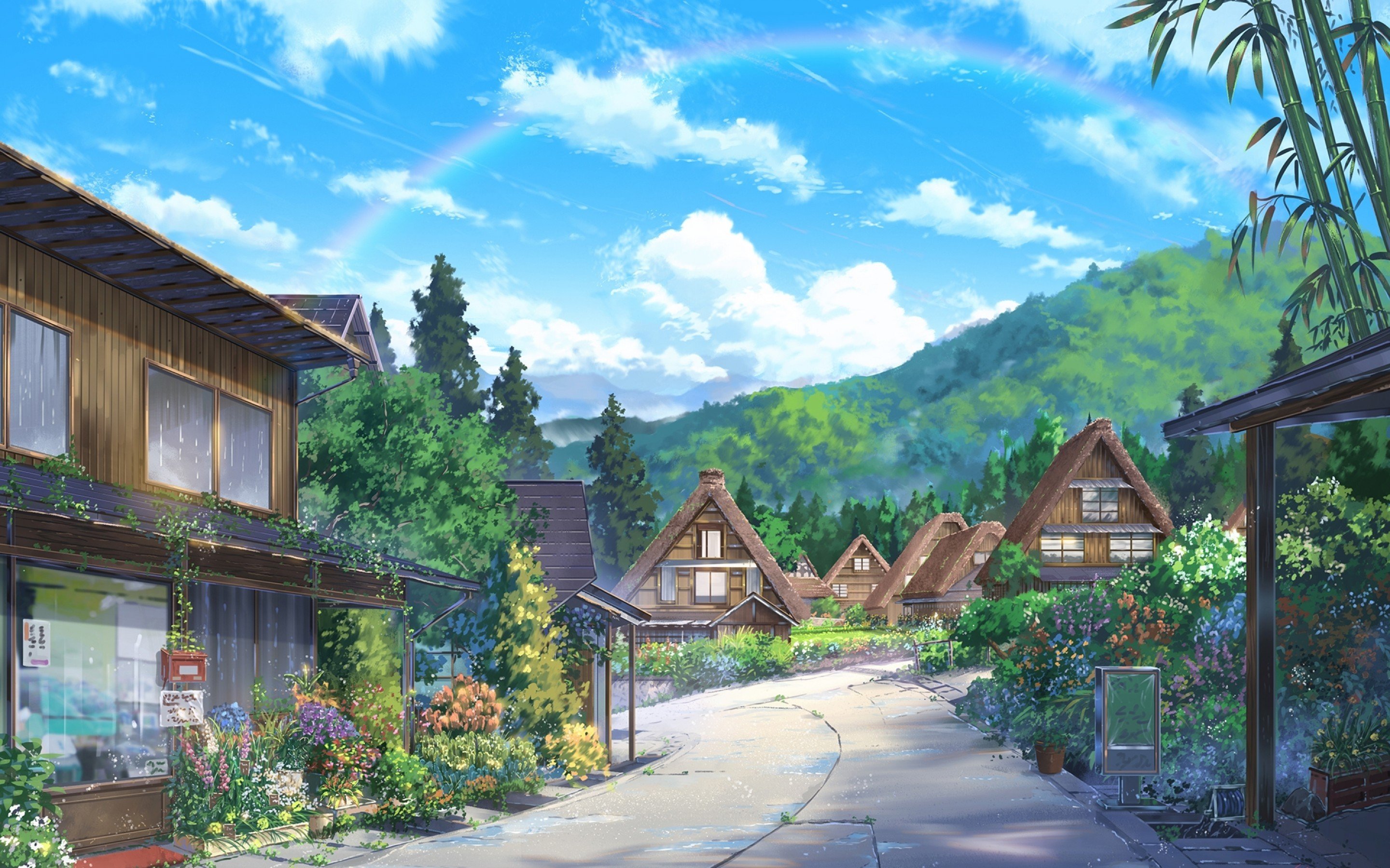 Download 2880x1800 Anime Landscape, Houses, Scenic, Clouds