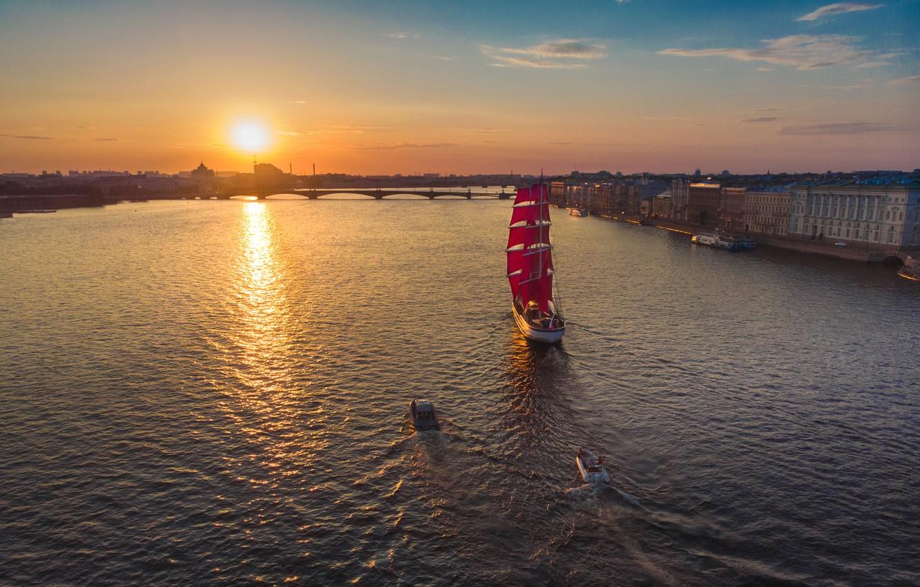 Wallpaper sunset, bridge, river, sailboat, boats, Saint