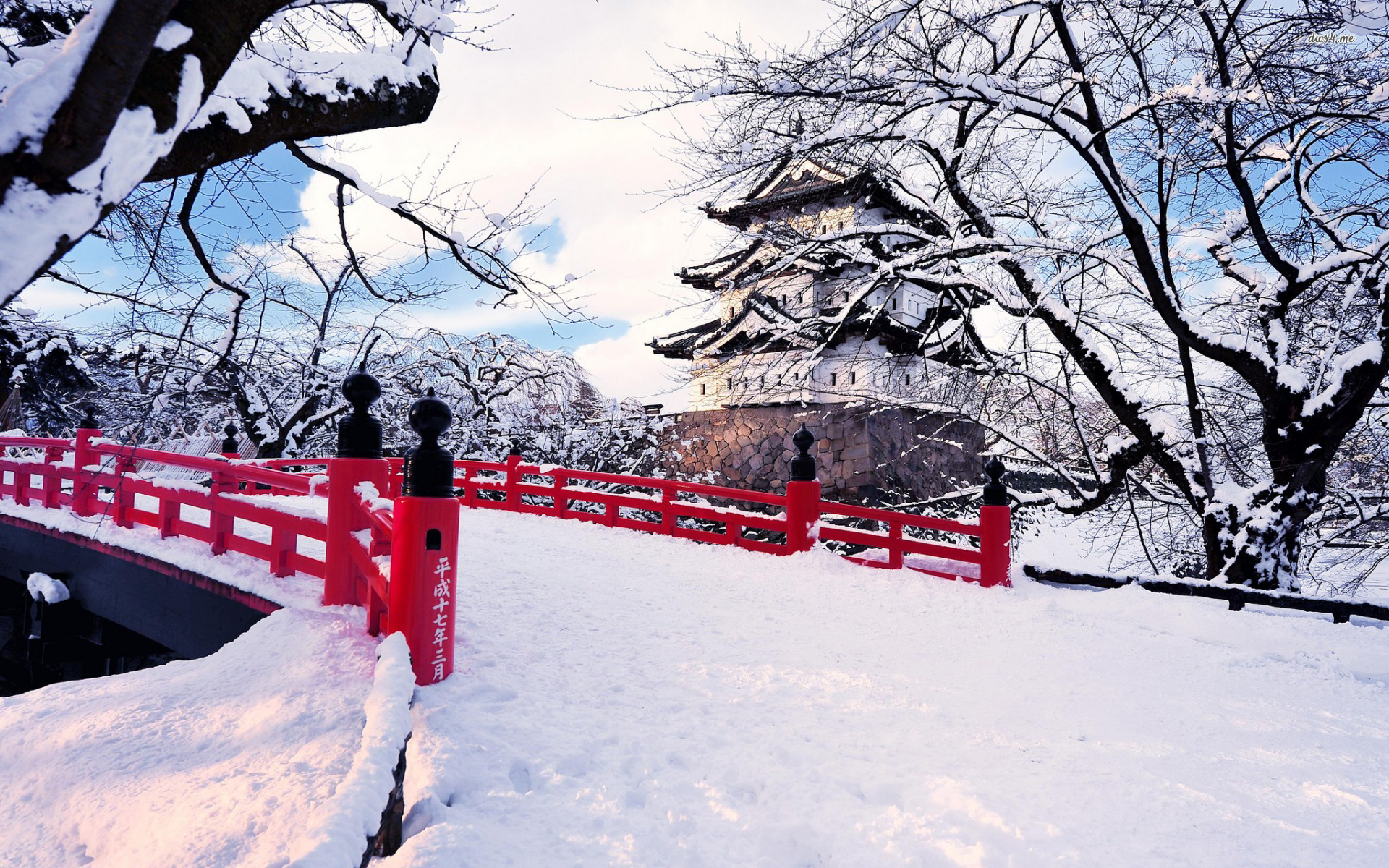 Small snowy red Japanese bridge wallpaper wallpaper