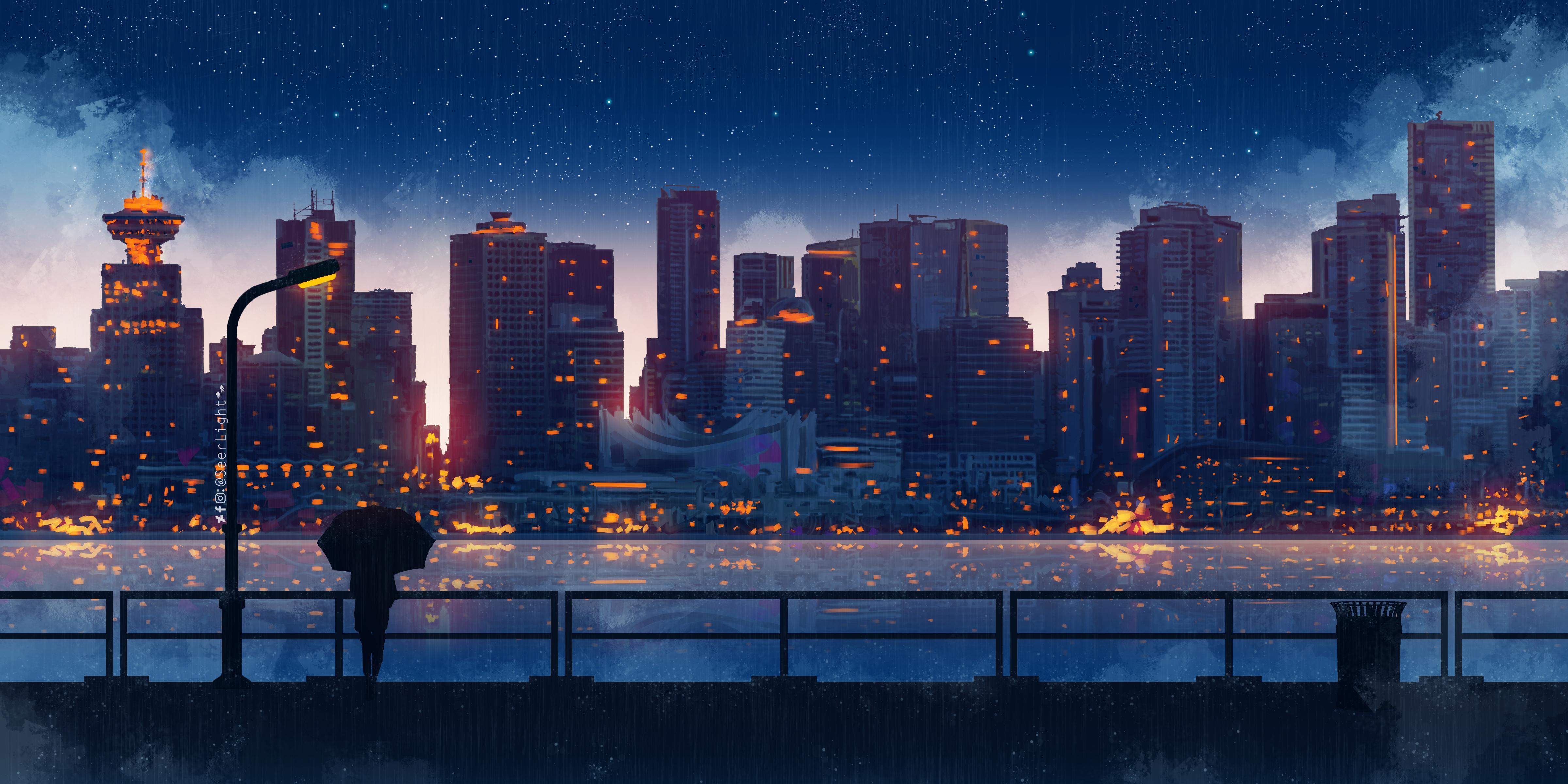 Anime City Lights Night Rain Umbrella Sky 5k, HD Artist, 4k