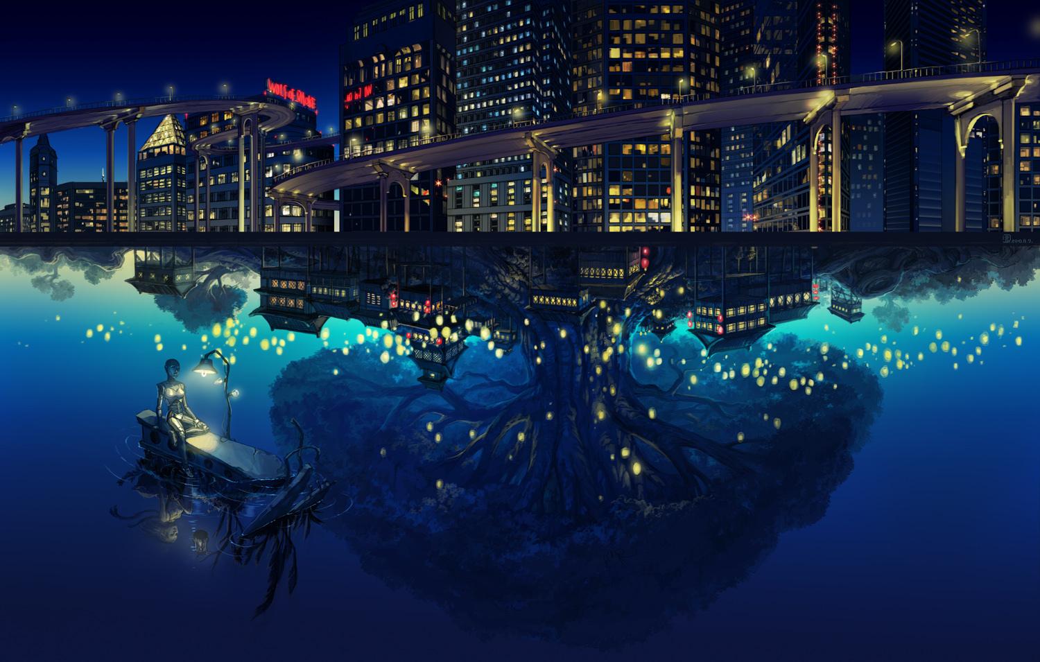 building city landscape mugon night original robot scenic tree water. konachan.com.com Anime Wallpaper