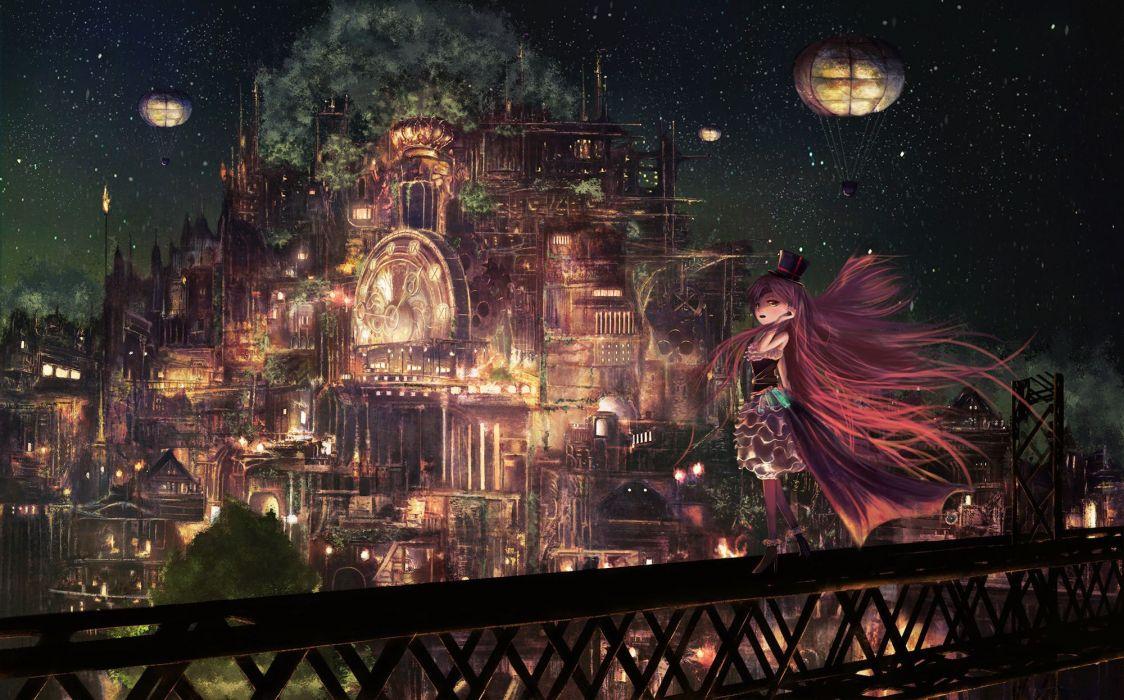 Anime city sky light night original stars girl long hair wallpaper
