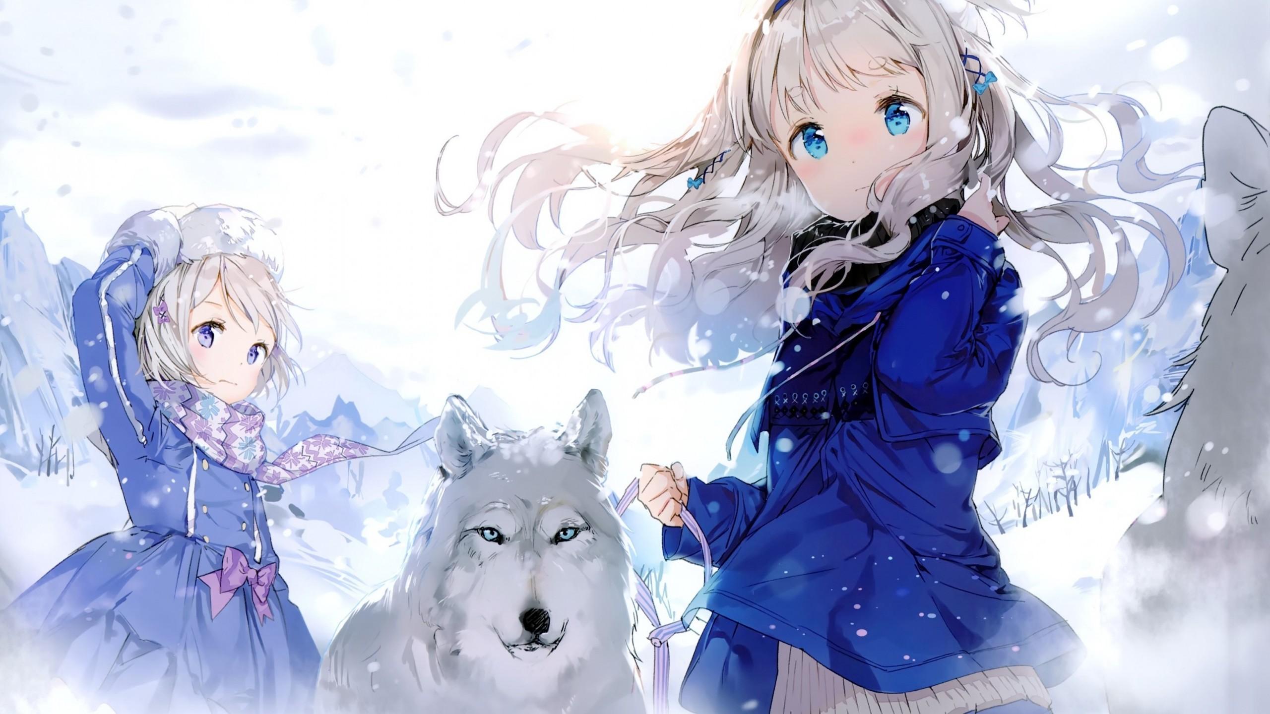 Download 2560x1440 Anime Girls, Wolf, Winter, Wind, Snow