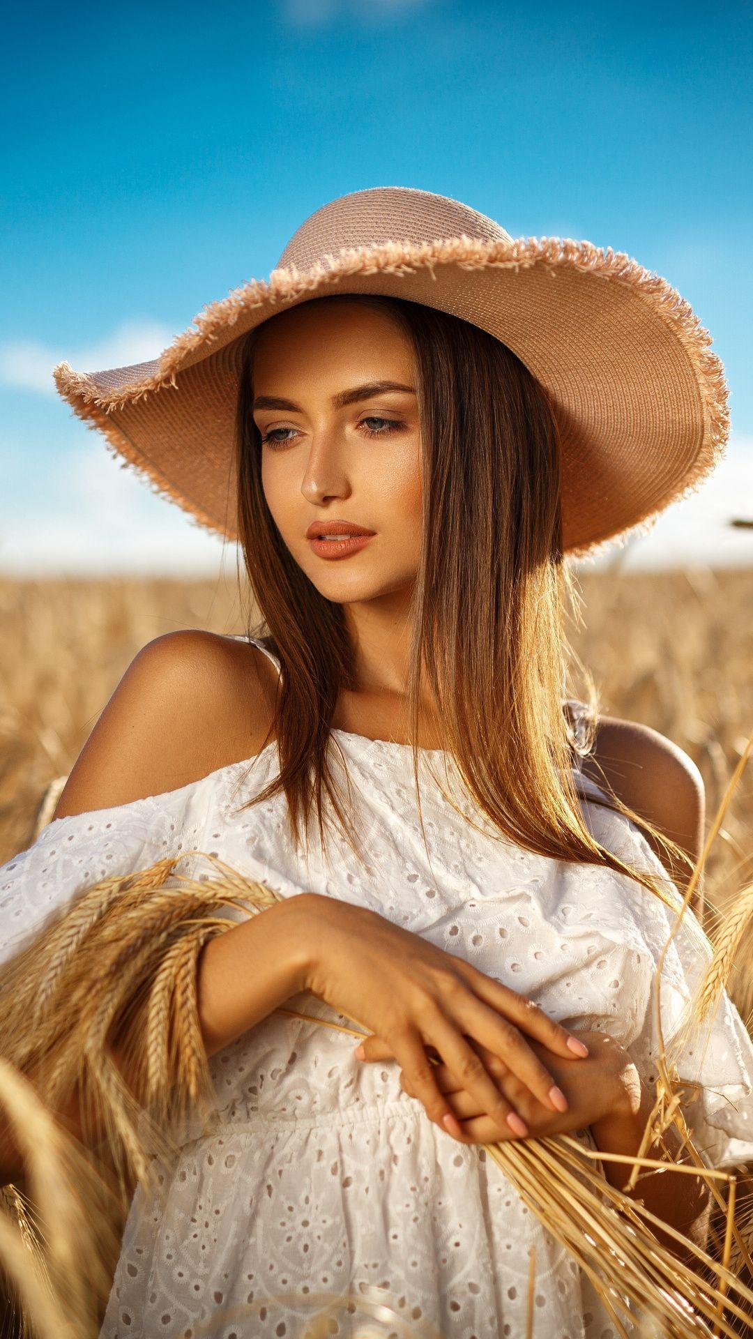 Beautiful, woman, straw hat, outdoor, wheat farm, 1080x1920