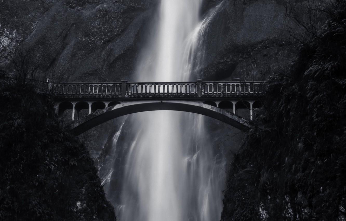 Wallpaper bridge, height, mountain, waterfall, black