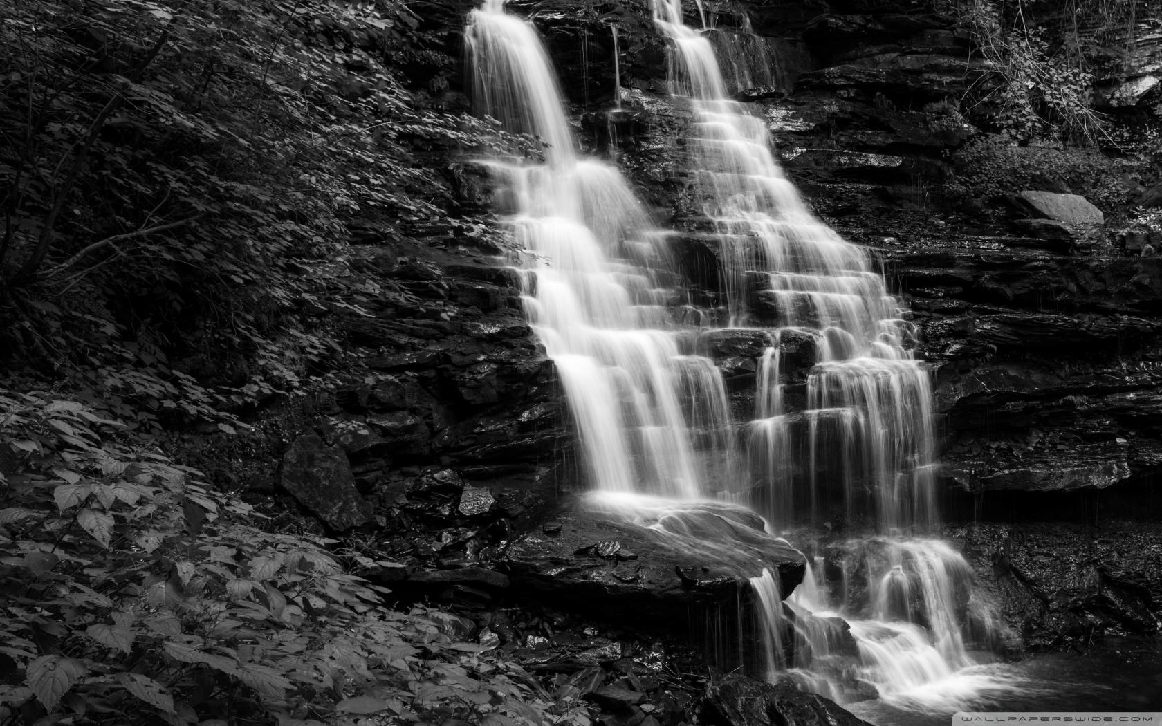 Mountain Waterfall Black and White Ultra HD Desktop