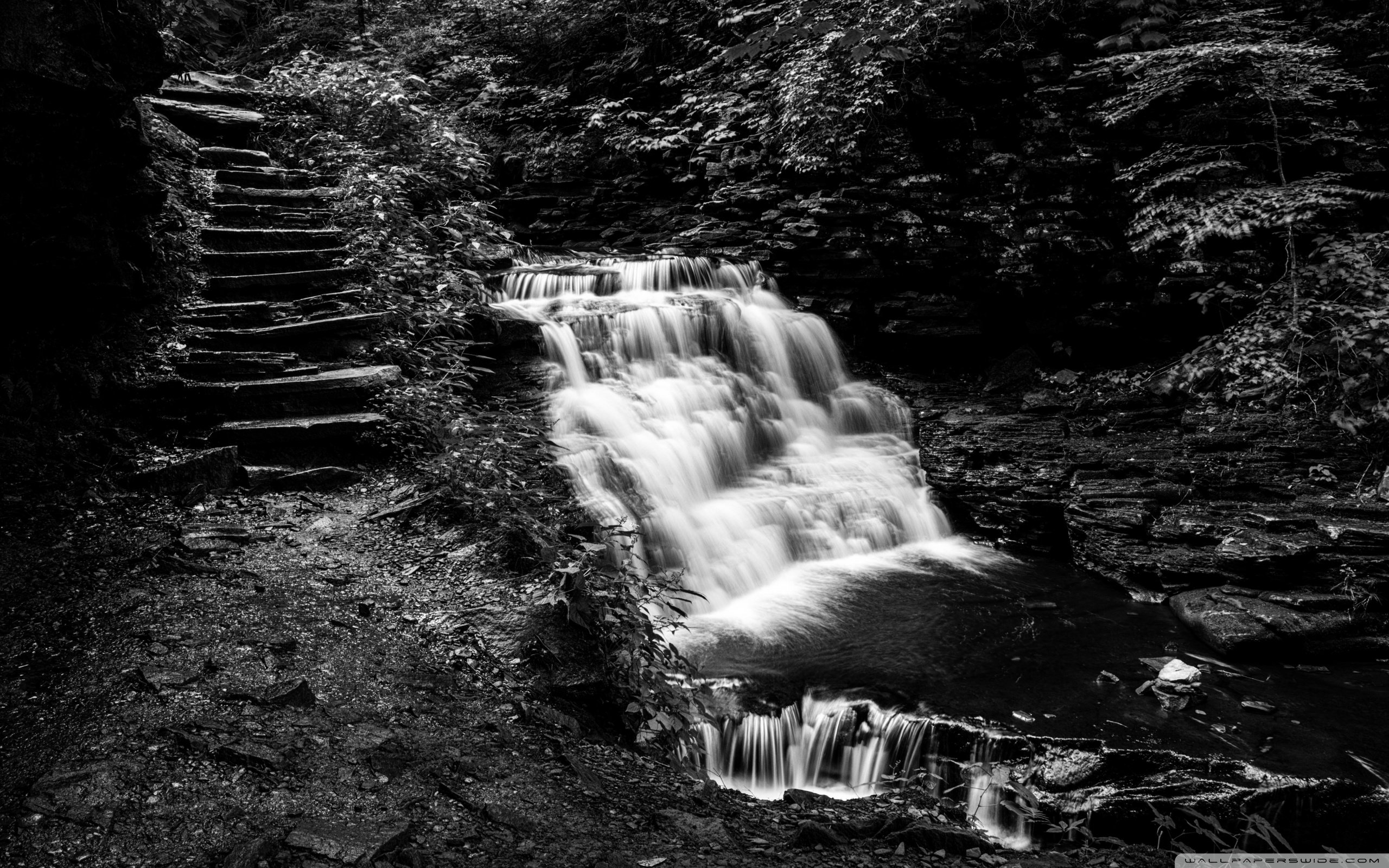 Mountain Waterfall, Stone Steps, Black and White Ultra HD