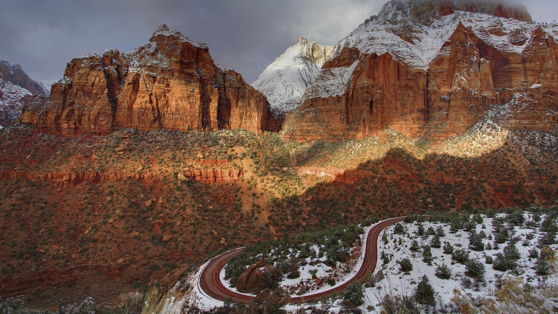 Wallpaper Zion National Park, USA, mountains, road, snow 1920x1080 Full HD 2K Picture, Image