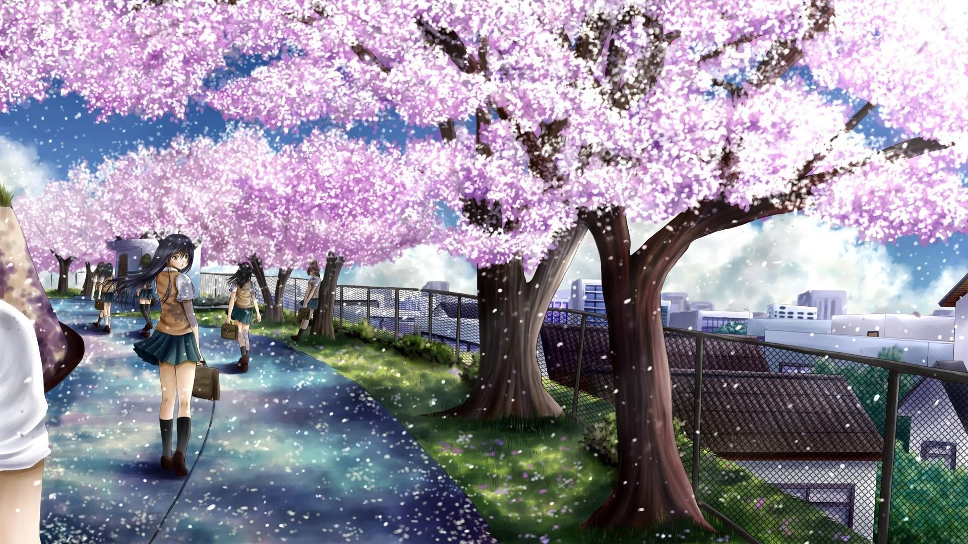 HD wallpaper purple anime cherry trees shrine landscape  Wallpaper  Flare