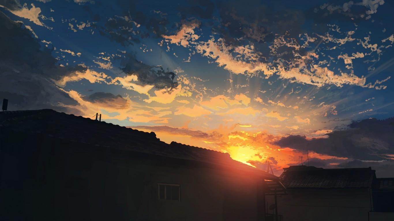 Download 1366x768 Anime Landscape, Sunset, House, Clouds, Sky