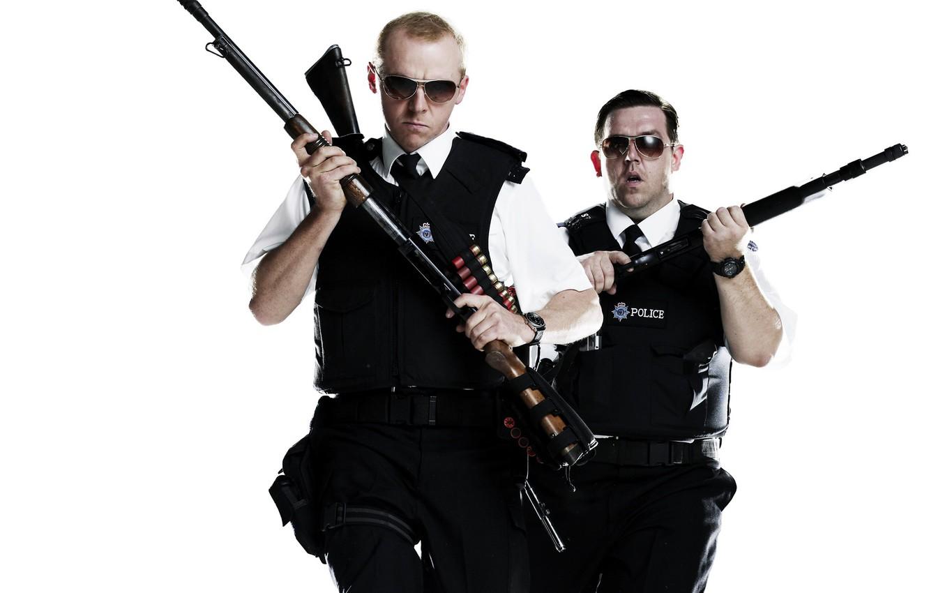 Wallpaper weapons, gun, glasses, police, Simon Pegg, Nick