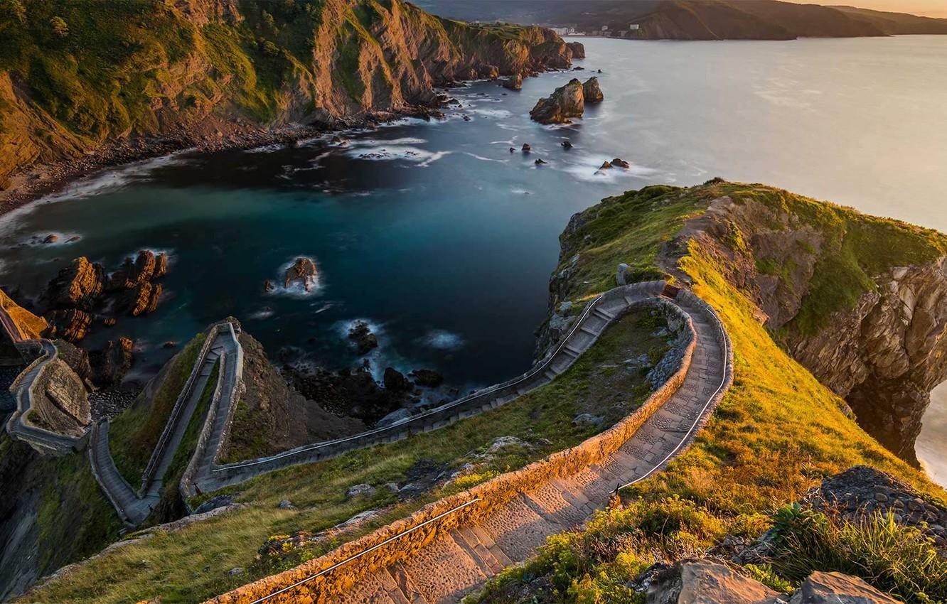 Wallpaper stage, Spain, path, The Bay of Biscay, Basque Country, island Gaztelugatxe image for desktop, section пейзажи