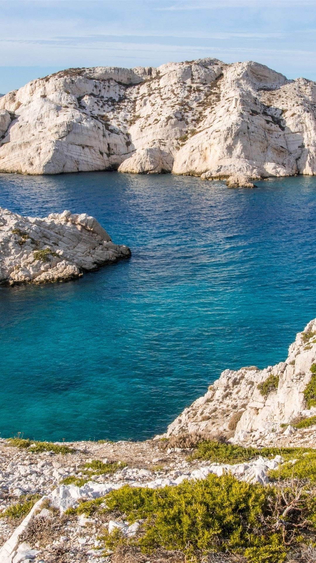 France, Marseille, coast, blue sea, stones 1080x1920 iPhone