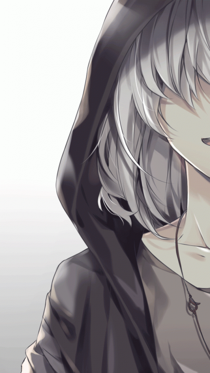 Download 720x1280 Anime Boy, White Hair, Hoodie, Smiling