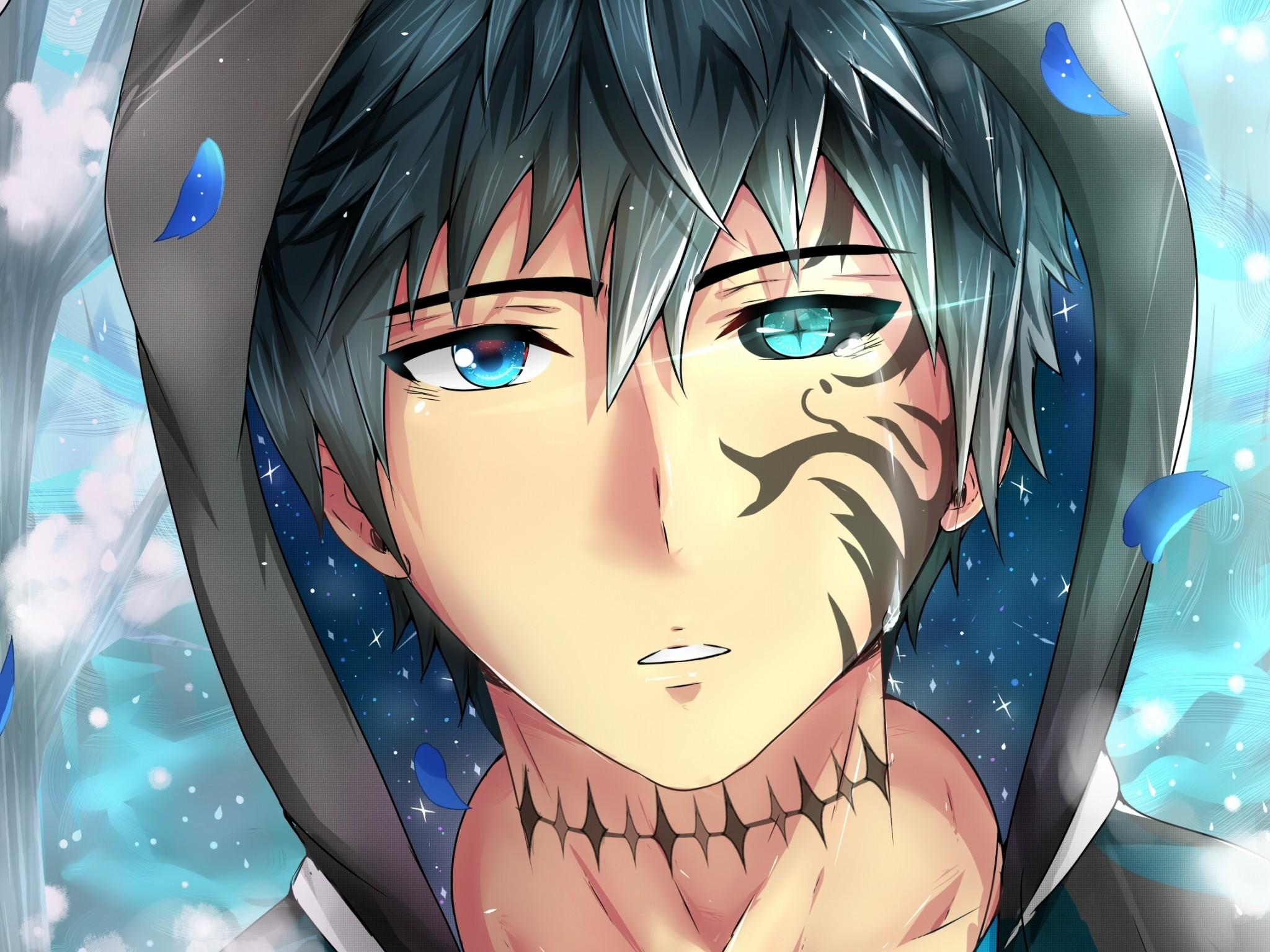 Download 2048x1536 Anime Boy, Tattoo, Colorful Eyes, Shape, Petals