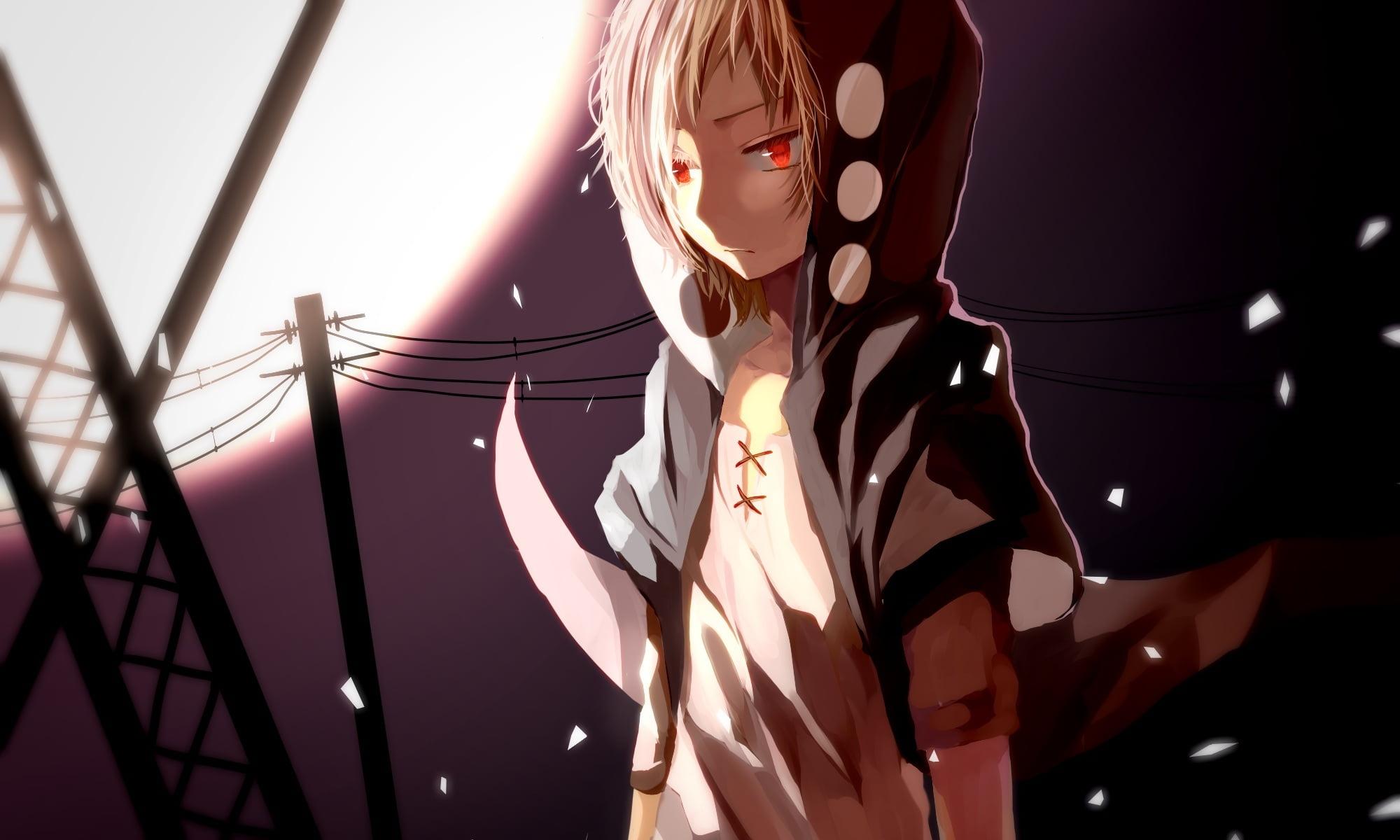 Blonde male character with red eyes in hoodie under